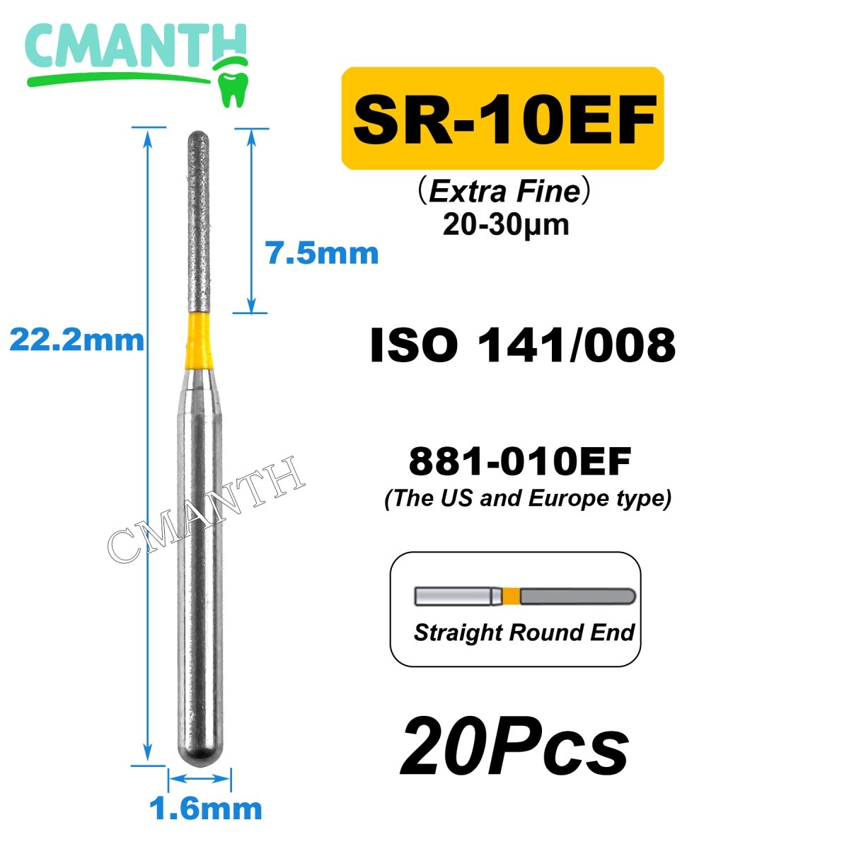 US Fine Dental Burs Diamond Burs High Speed Turbines Drills Tools 1.6mm 20pcs