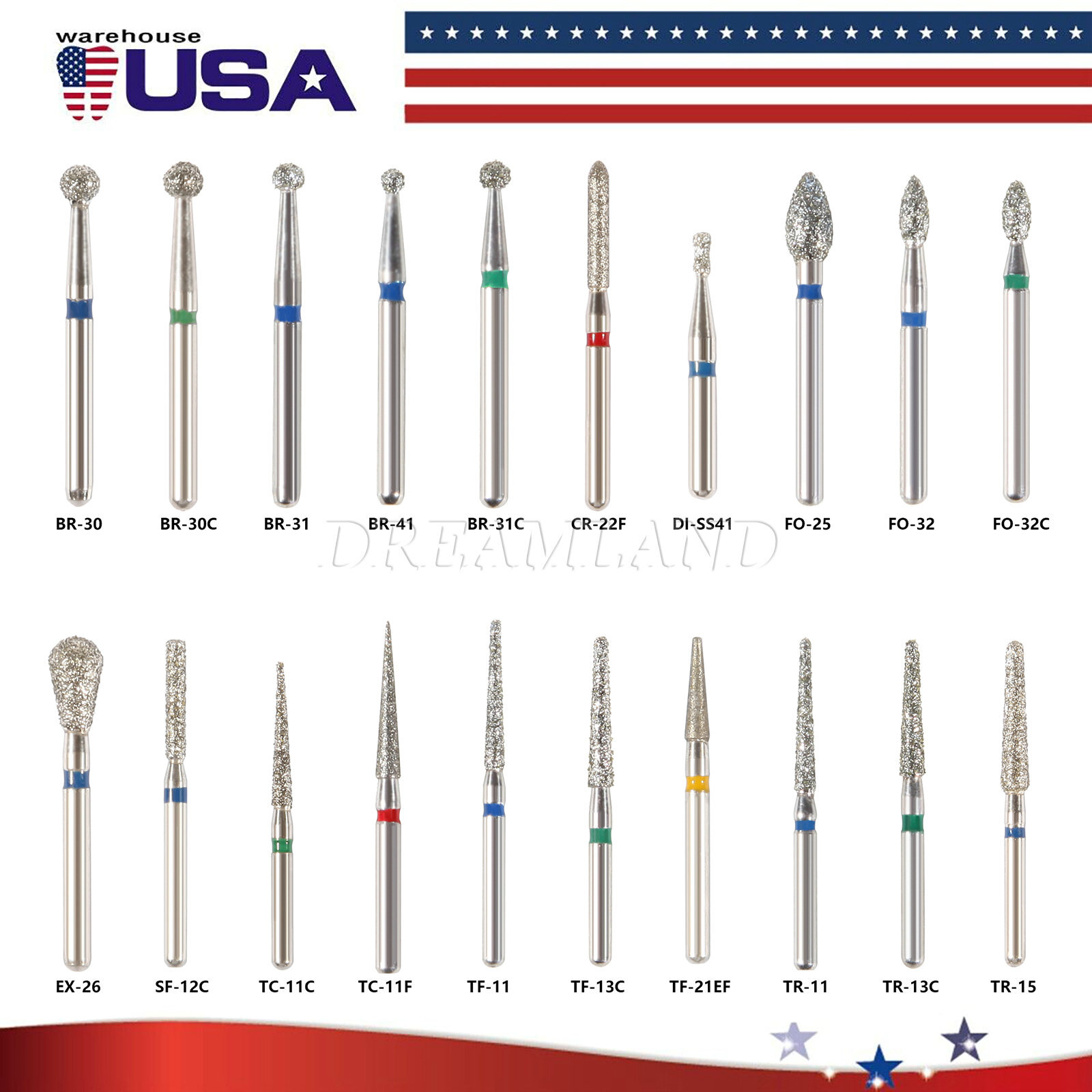 100* Dental Dentist Diamond Bur Bits Drill FG 1.6mm 20 Types Hot Burr Bohrer CJ