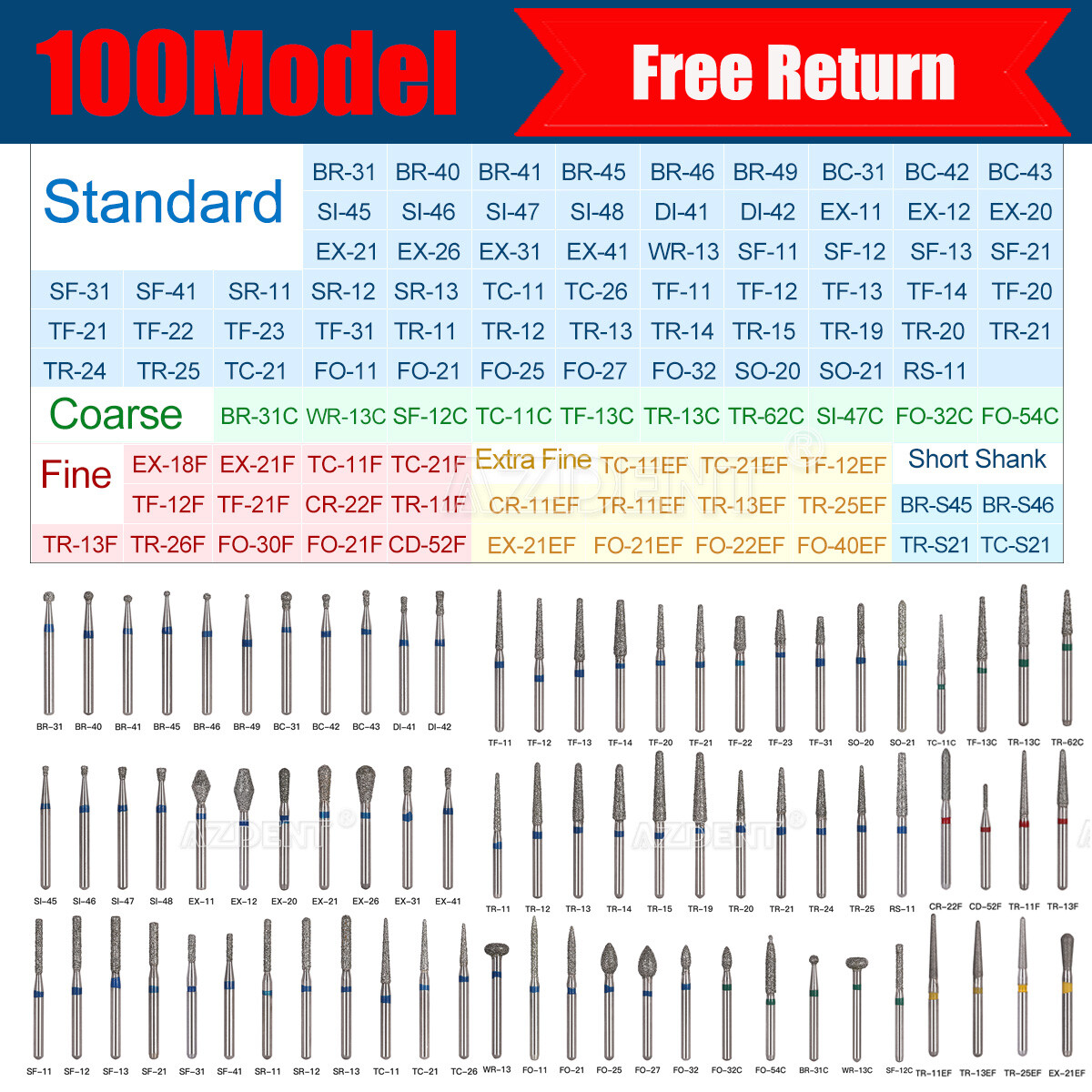 AZDENT Dental Diamond Tungsten Carbide Burs Drill FG for High Speed Handpiece