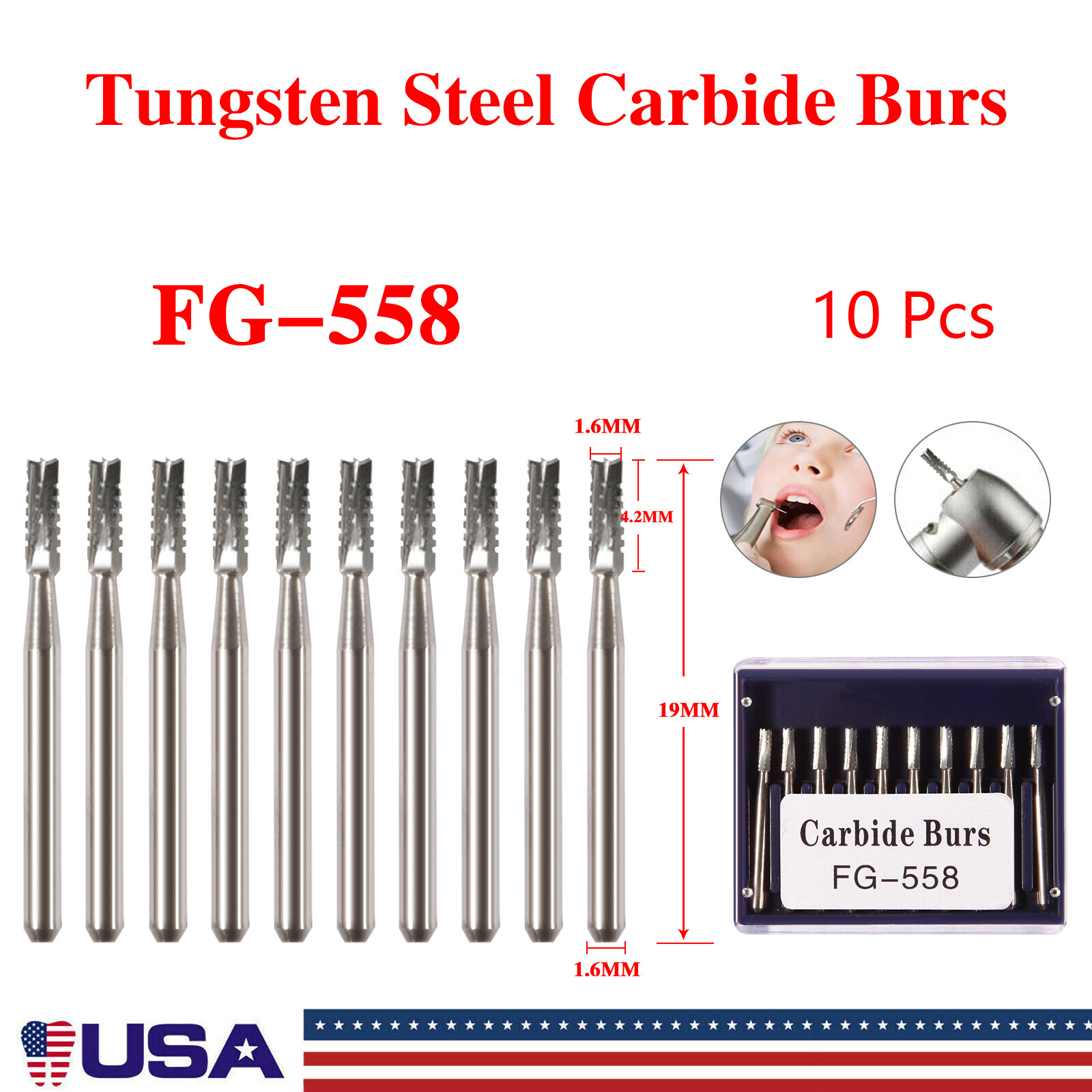 10Pcs FG-558 Dental Tungsten Carbide Steel Burs for High Speed Handpiece