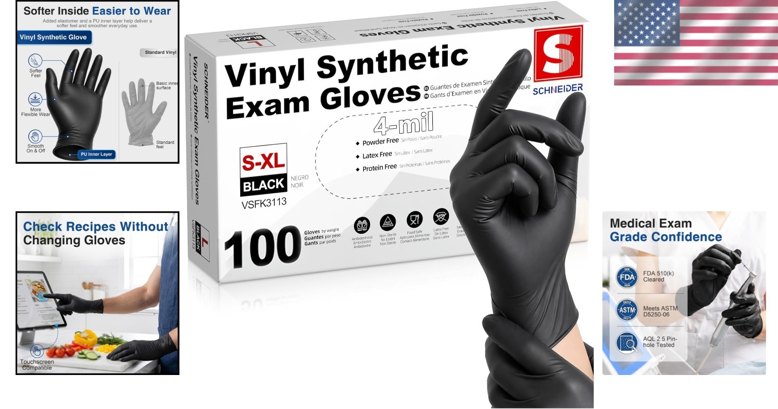 Latex-Free Vinyl Exam Gloves – 4 Mil Black Disposable Gloves, 100 Count, X-Large