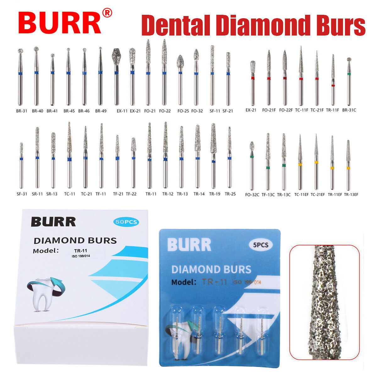 100pcs Dental Diamond Burs Drill FG1.6mm For High Speed Handpiece 100 TYPES