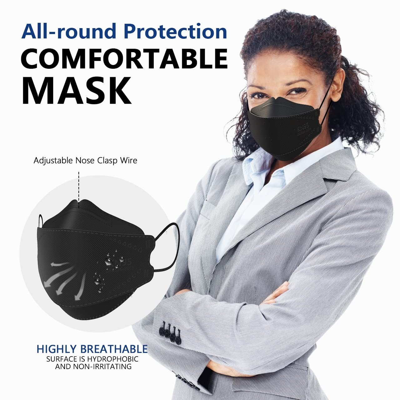 Lightweight KN95 Face Masks 100 Pack Skin Friendly Black for Everyday Protection