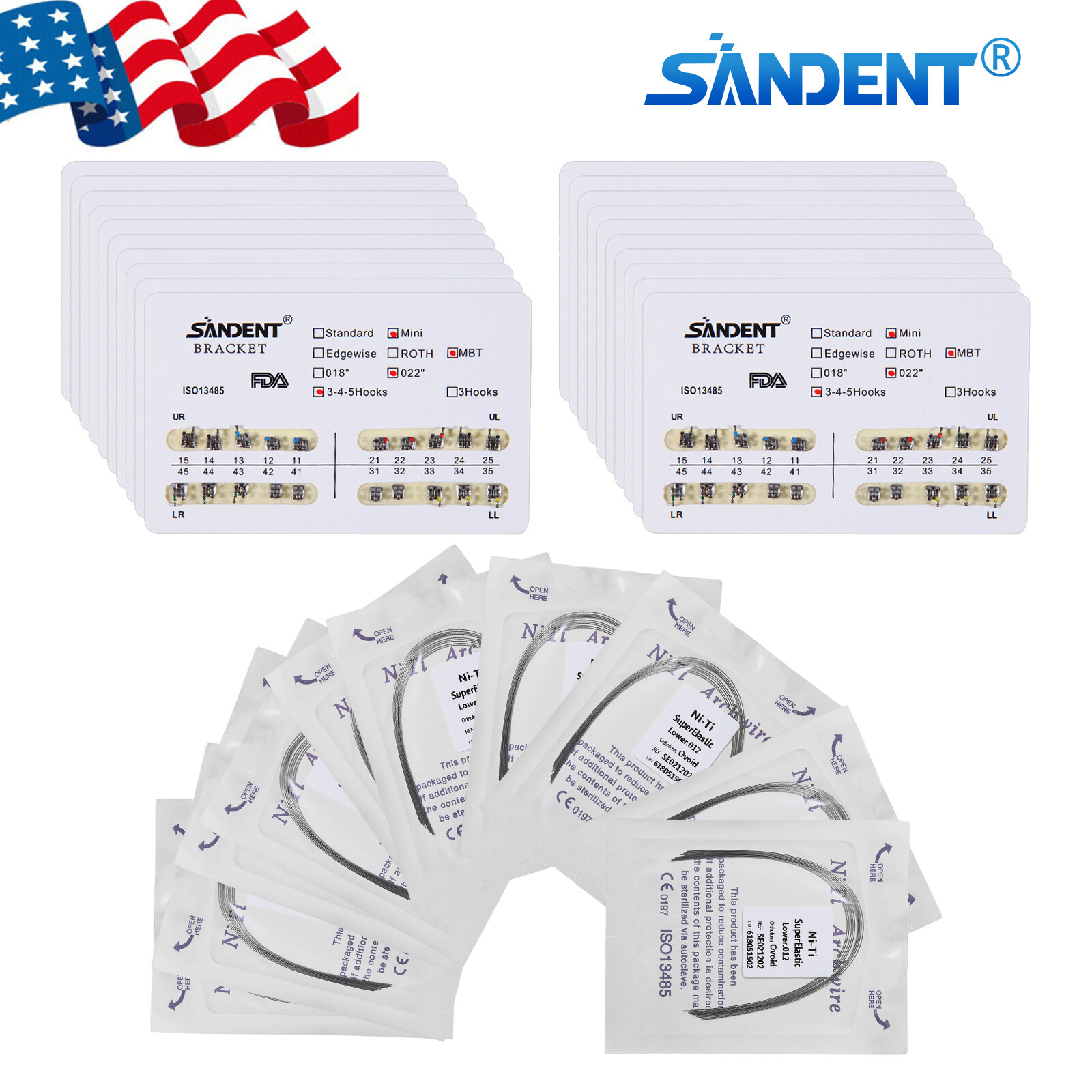 10 packs Dental Ortho Arch Wires Roth/MBT 3/345Hooks Metal Bracket Braces
