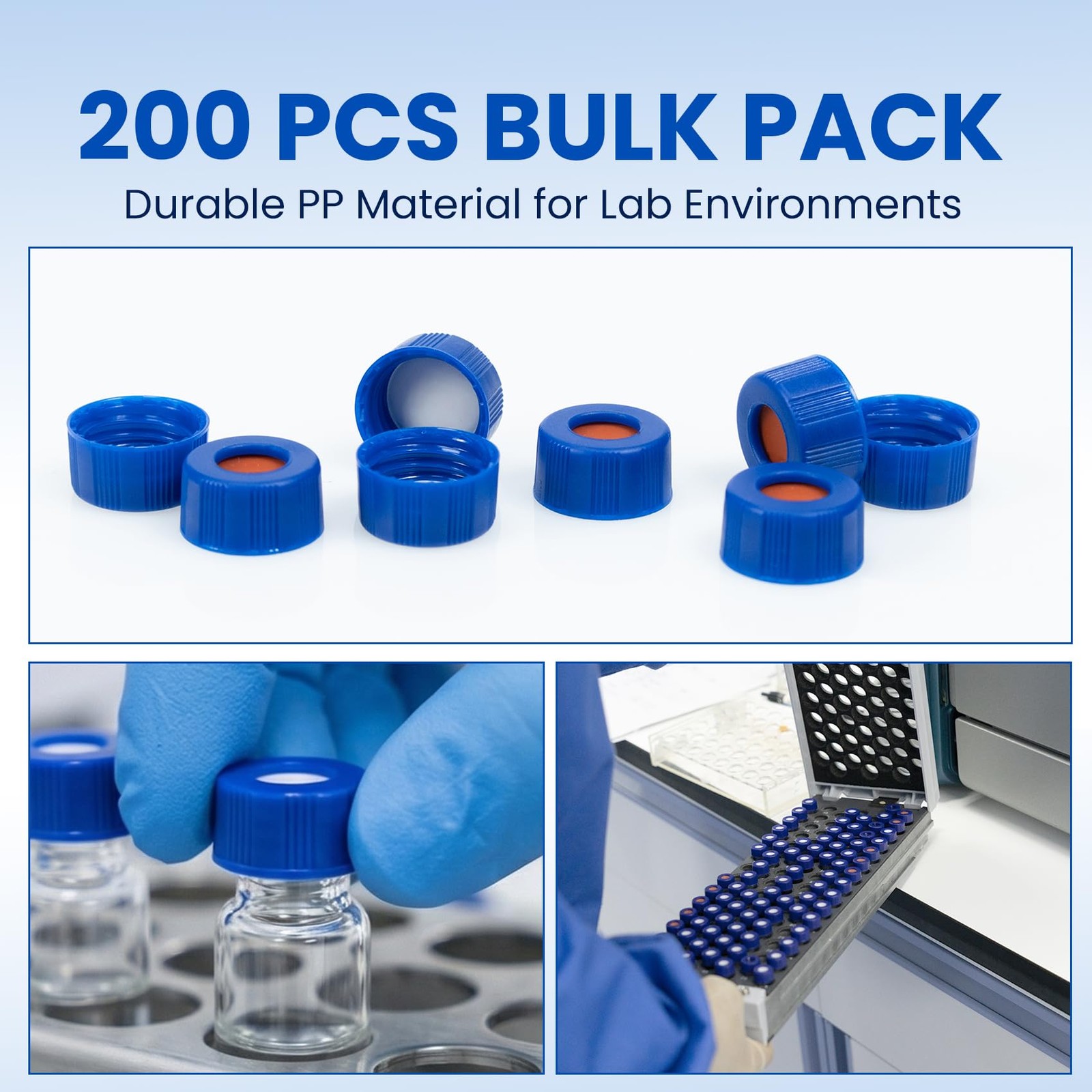 200 PCS 9mm HPLC 2ml Autosampler Vial Caps Ribbed Blue Screw Caps