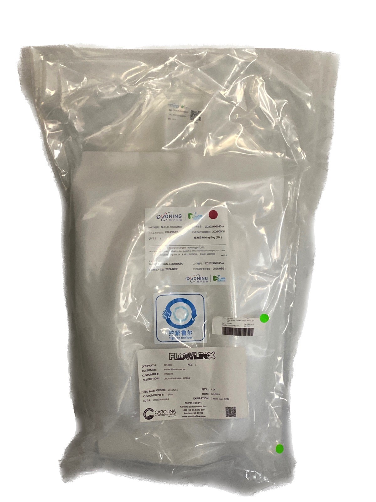 CAROLINA Bioprocess 20L DuoMix Mixing Bag w/AseptiQuik Single Use SUS-B-8008006G