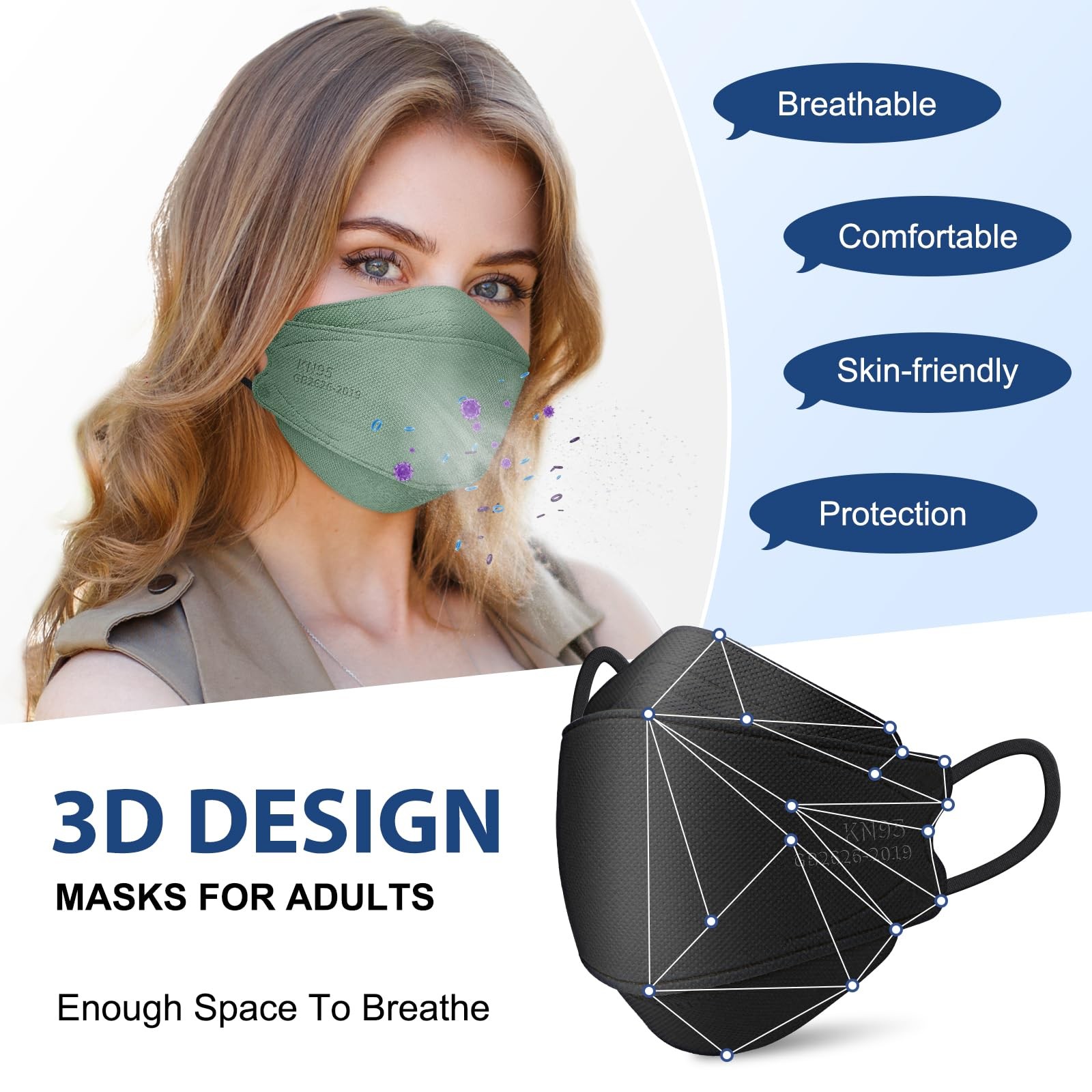 KN95 Face Masks Disposable Adults – 50 Pack 5 Layer Protection Dust Breathabl…