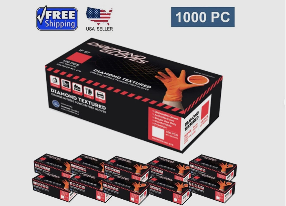 8 Mil Orange Heavy Duty Nitrile Diamond Textured Gloves Case 1000 PCS – S M L XL
