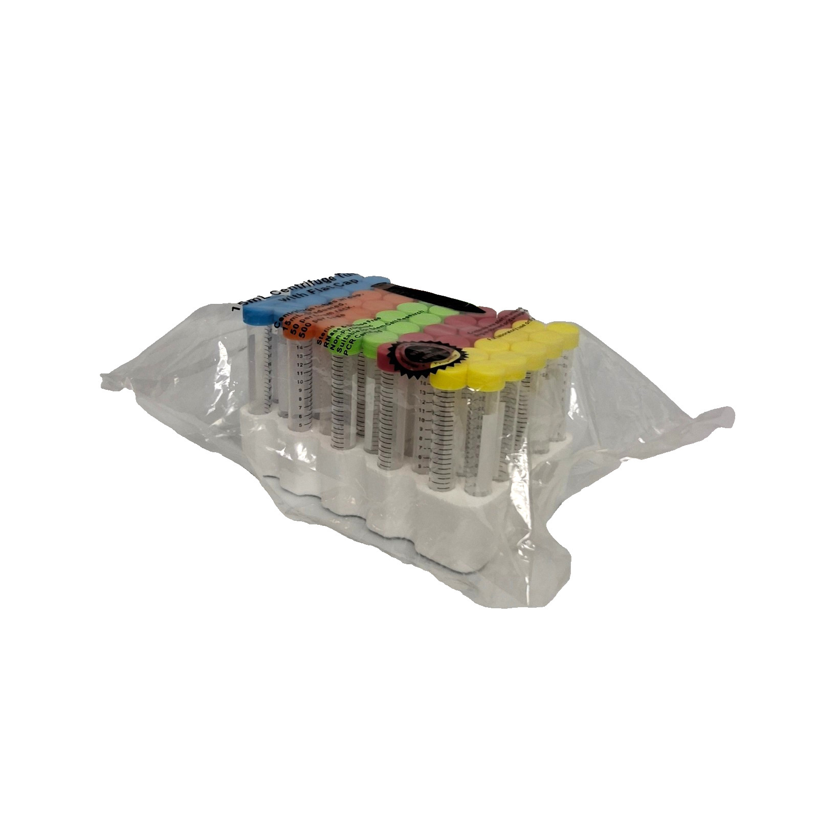 15mL Centrifuge Tubes with Flat Caps Conical Bottom Graduated 50ct Foam Rack
