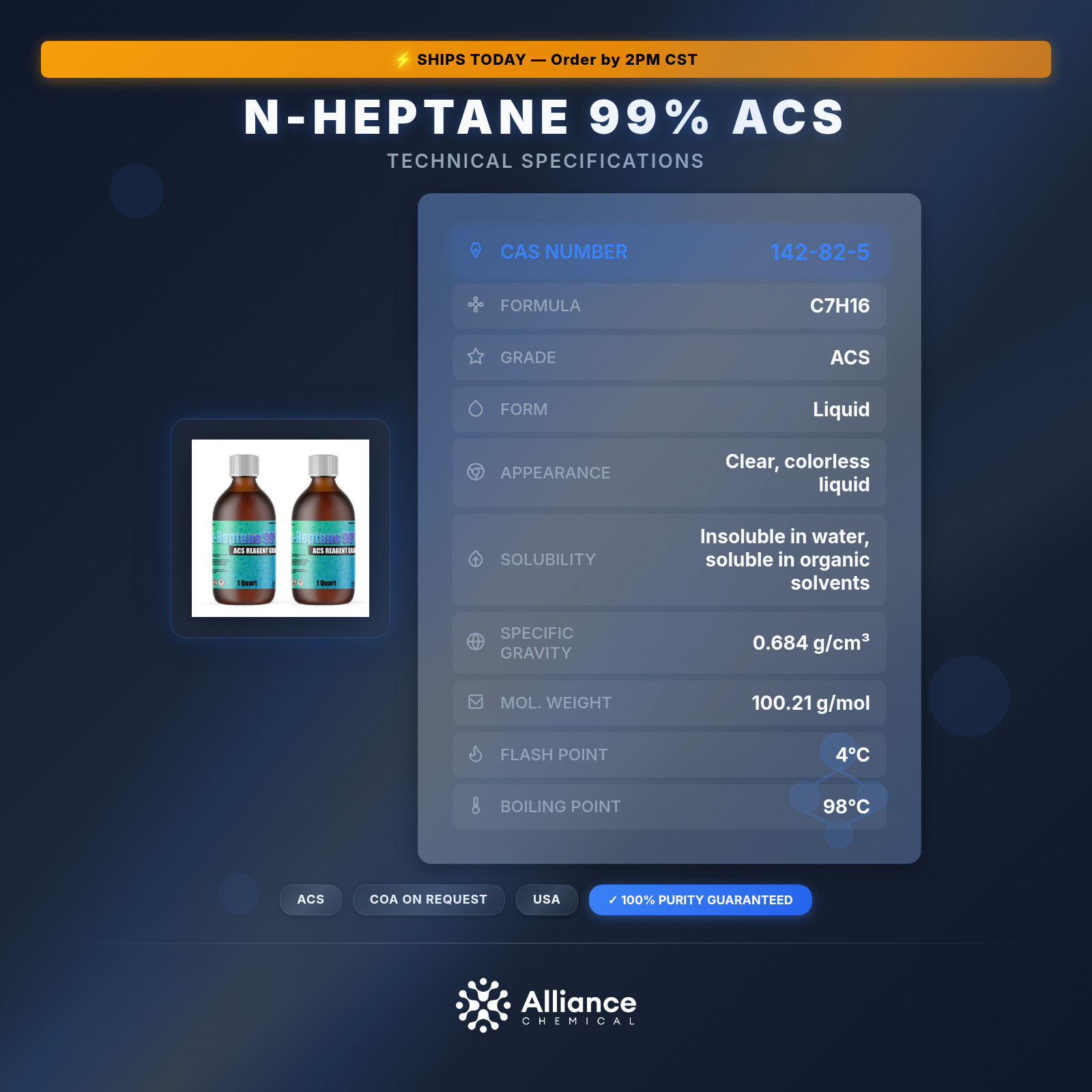 n-Heptane 99% ACS – 2 Liters