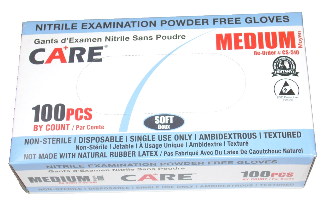 Care CS-510 Nitrile Examination Gloves Powder Free Ambidextrous 100 Ct Medium
