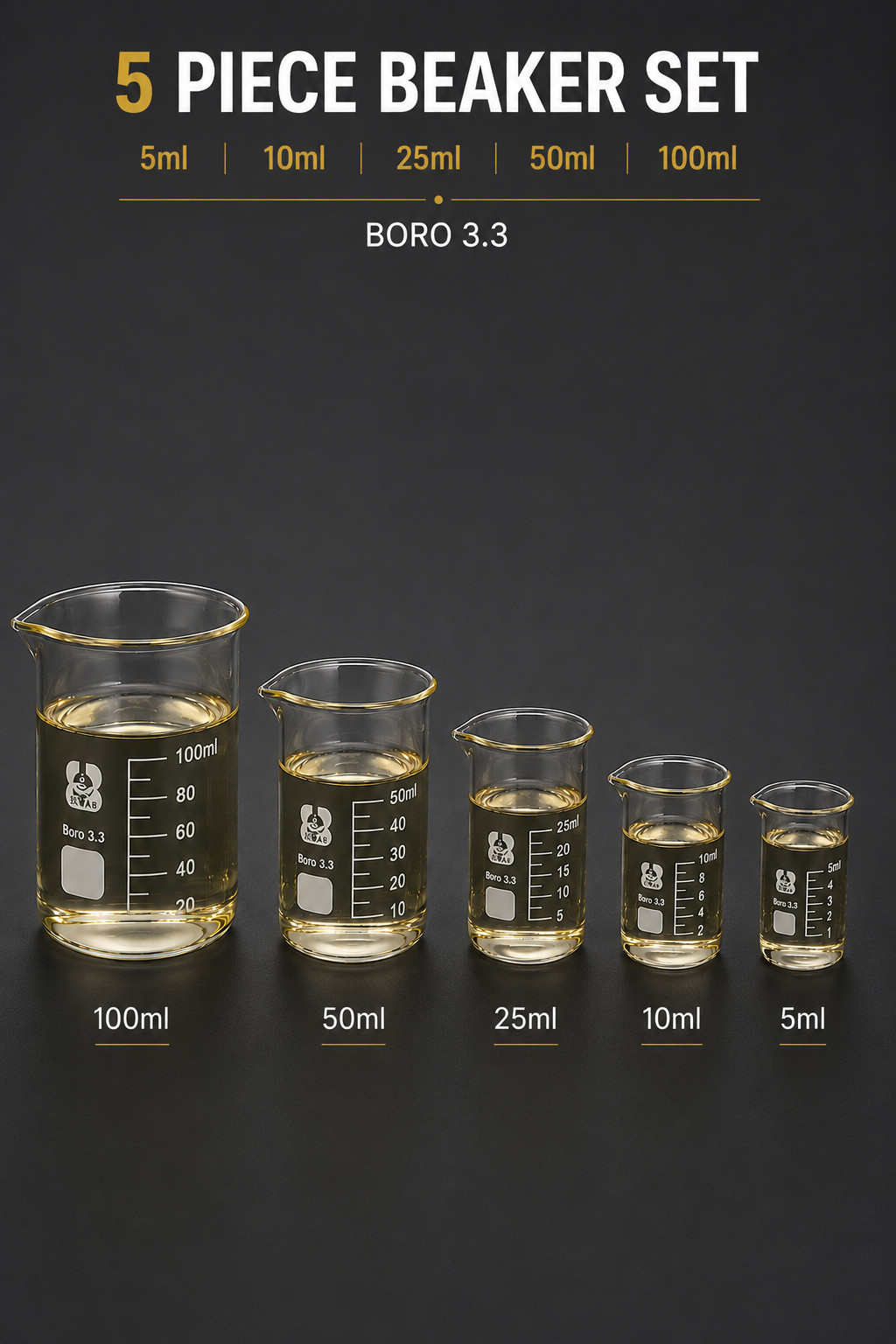 1Set Low Form Glass Beaker 5 10 25 50 100ml Borosilicate Measuring Lab Glassware