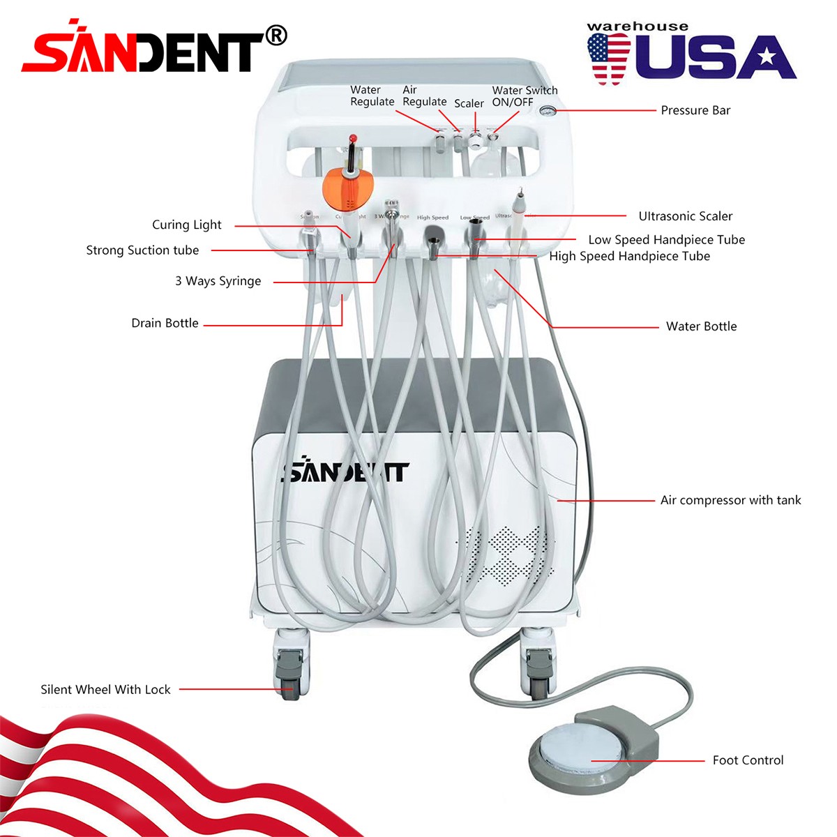 Portable Dental Delivery Unit Air Compressor Suction System 4H Light Scaler