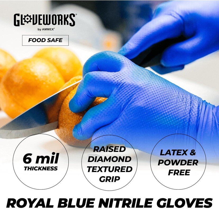 Gloveworks HD Blue Industrial Disposable Nitrile Gloves 6 mil Medium box of 100