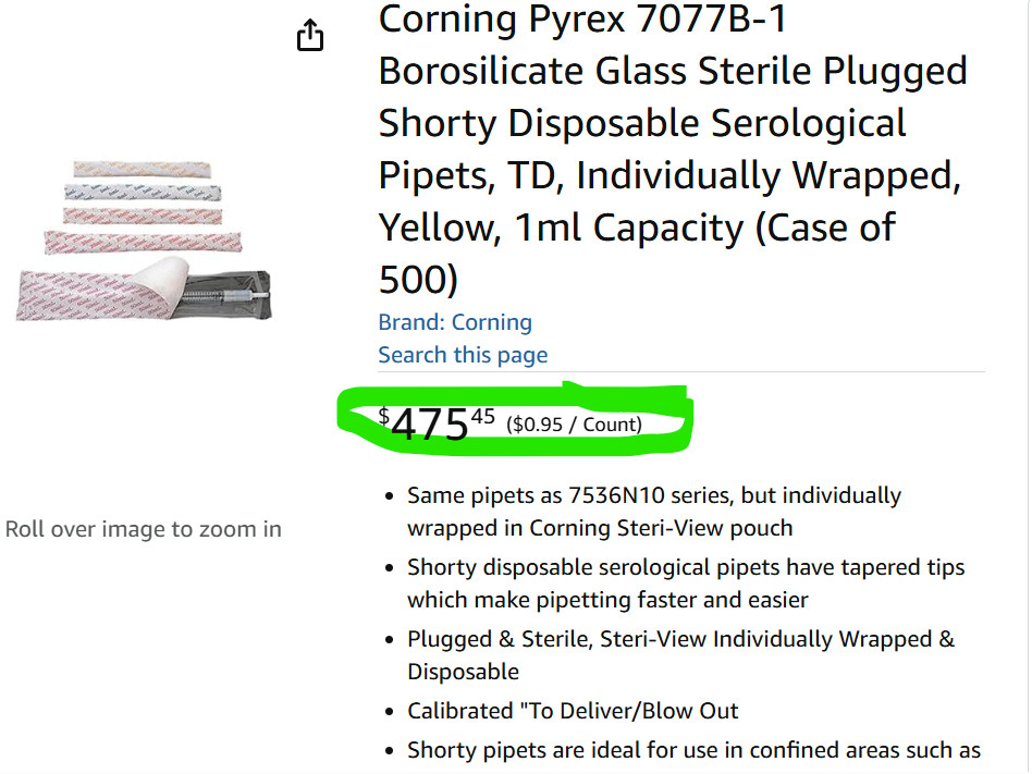 (250) 1mL Corning Pyrex Disposable Shorty Serological Pipet TD, [Z4S3]