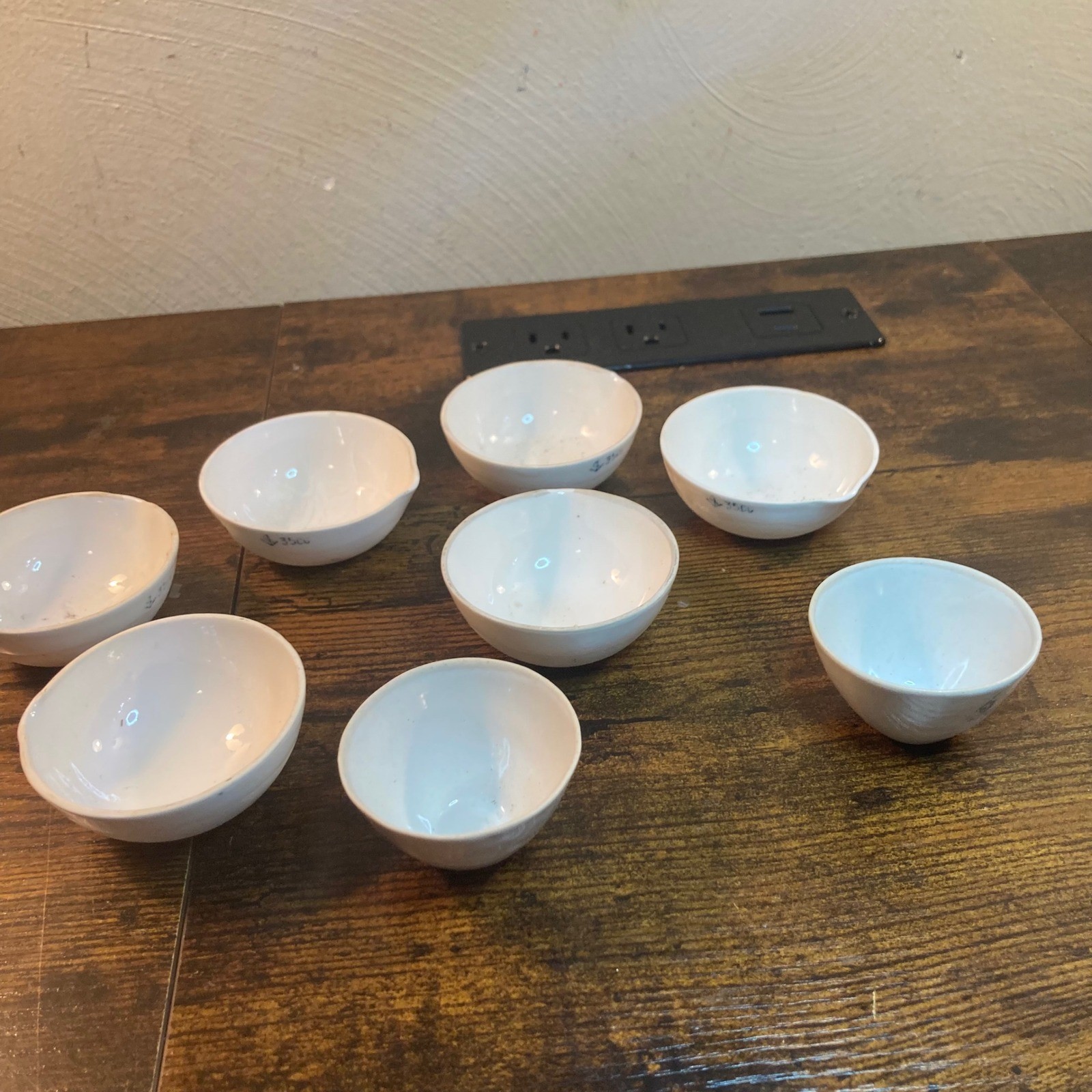 Vintage Porcelain Lab Evaporating Dishes Set of 8 White Ceramic Crucibles
