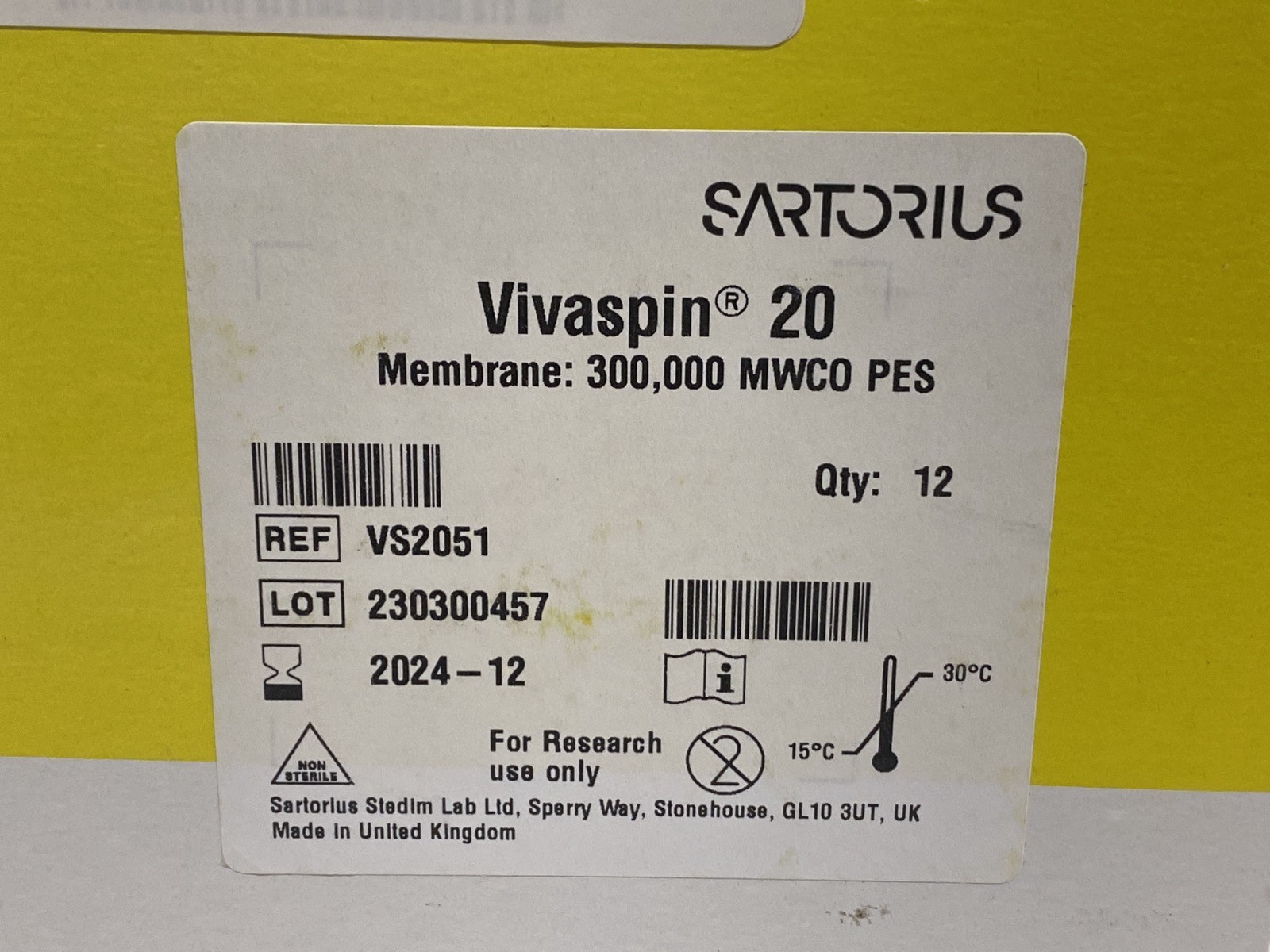 (12/Pk) SARTORIUS Vivaspin PES Centrifugal Concentrators 300kDa MWCO VS2051