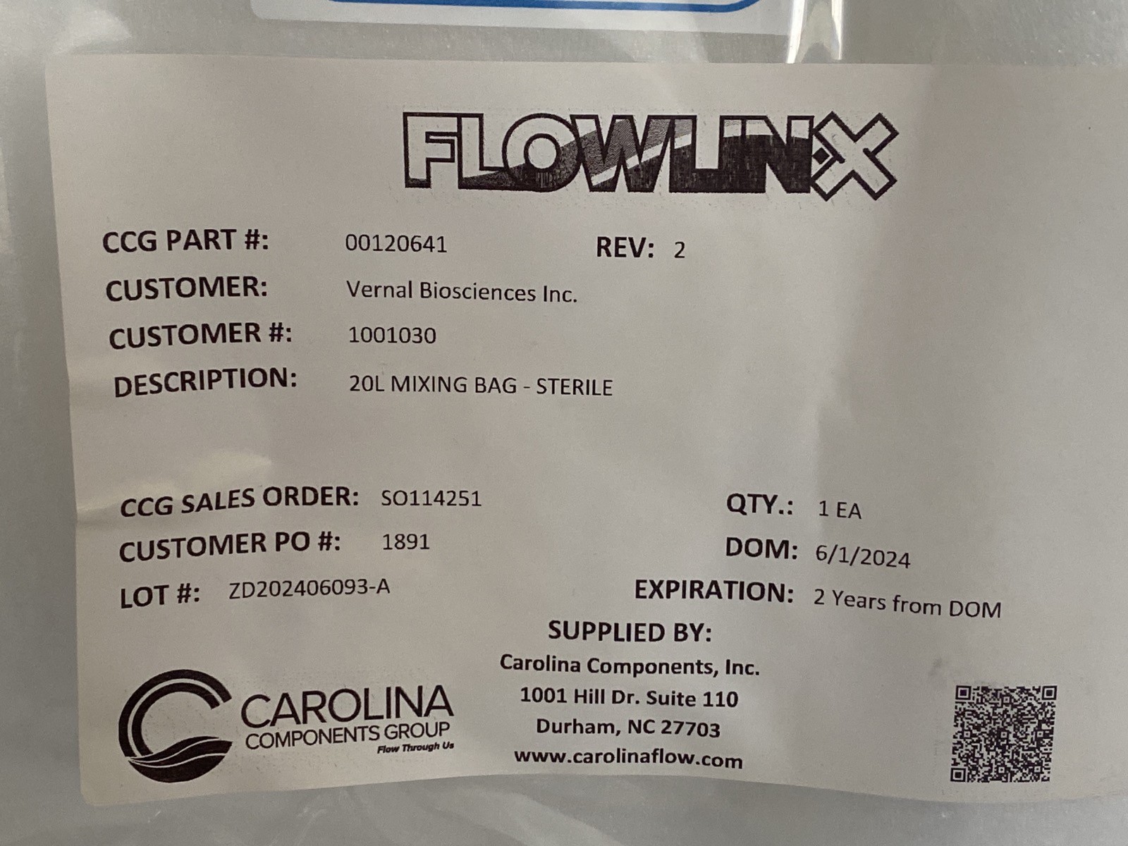 CAROLINA Bioprocess 20L DuoMix Mixing Bag w/AseptiQuik Single Use SUS-B-8008006G