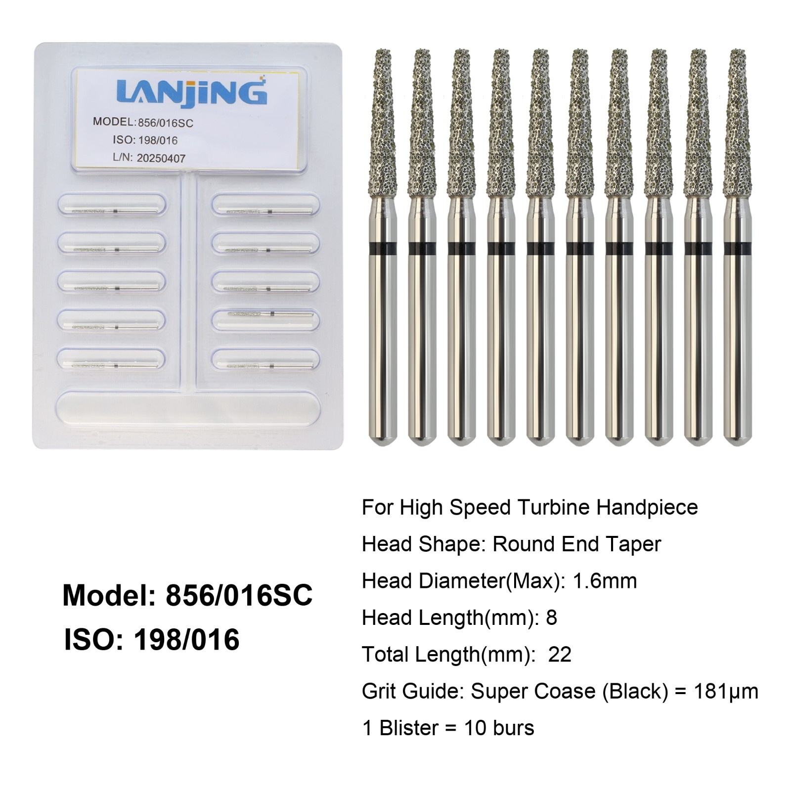 Dental Diamond Burs Round End Taper Diamond Bur Coarse Fine FG High Speed 856