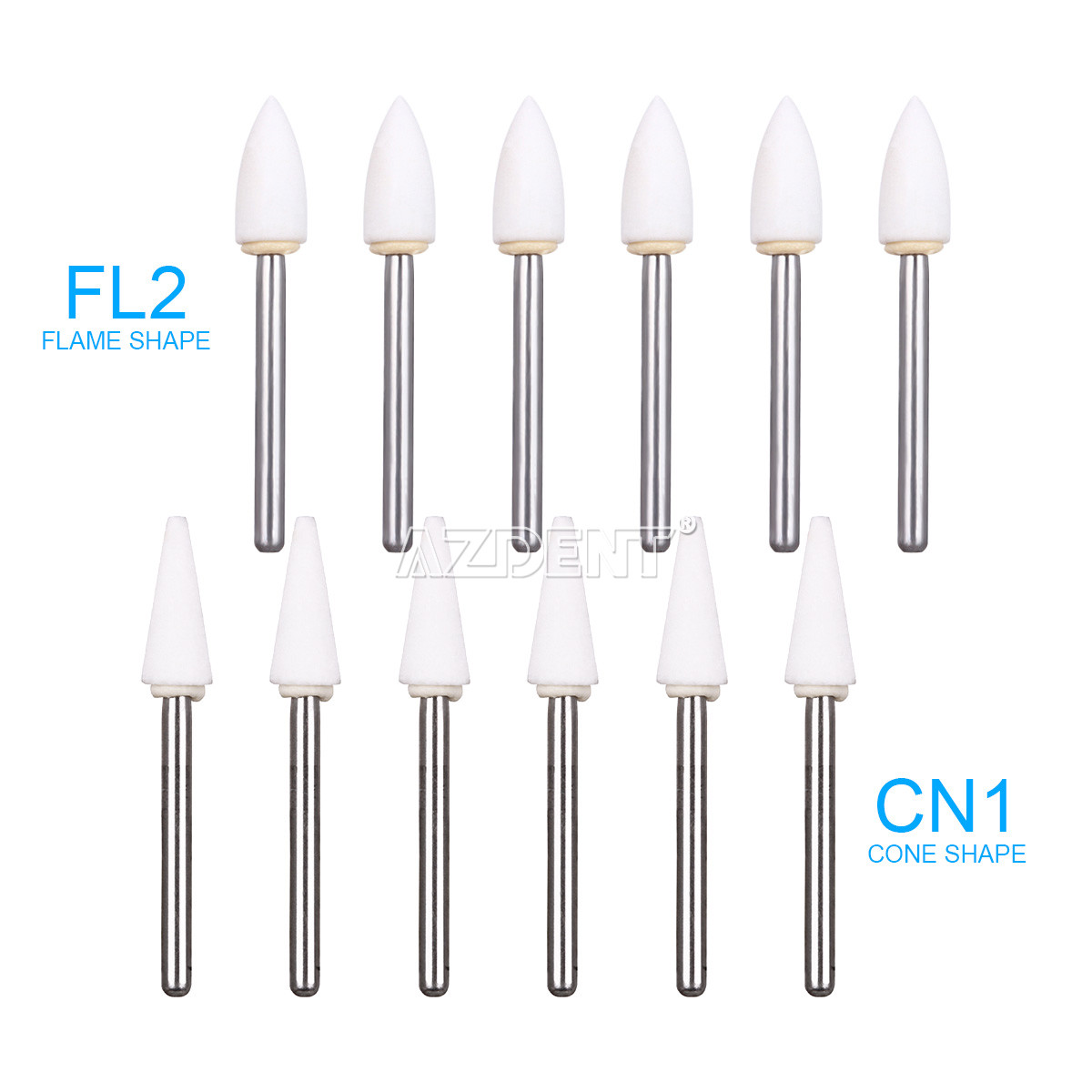 3Type Dental White Stone Polishing Burs FG Aluminum Oxide Flame/Cone/Round Shape