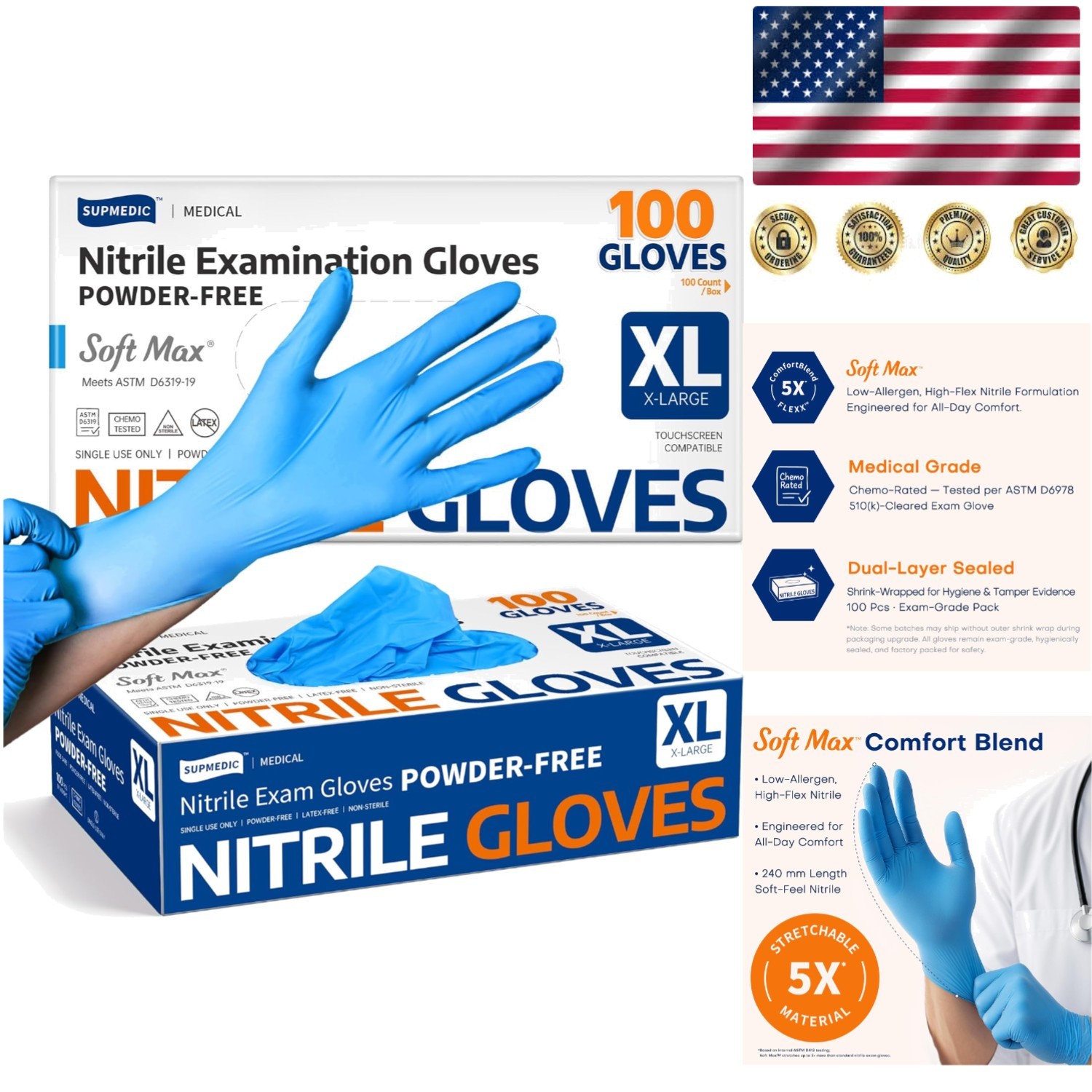 Allergy Safe Medical Nitrile Gloves, 100 Count – Disposable & Food Safe, Blue XL