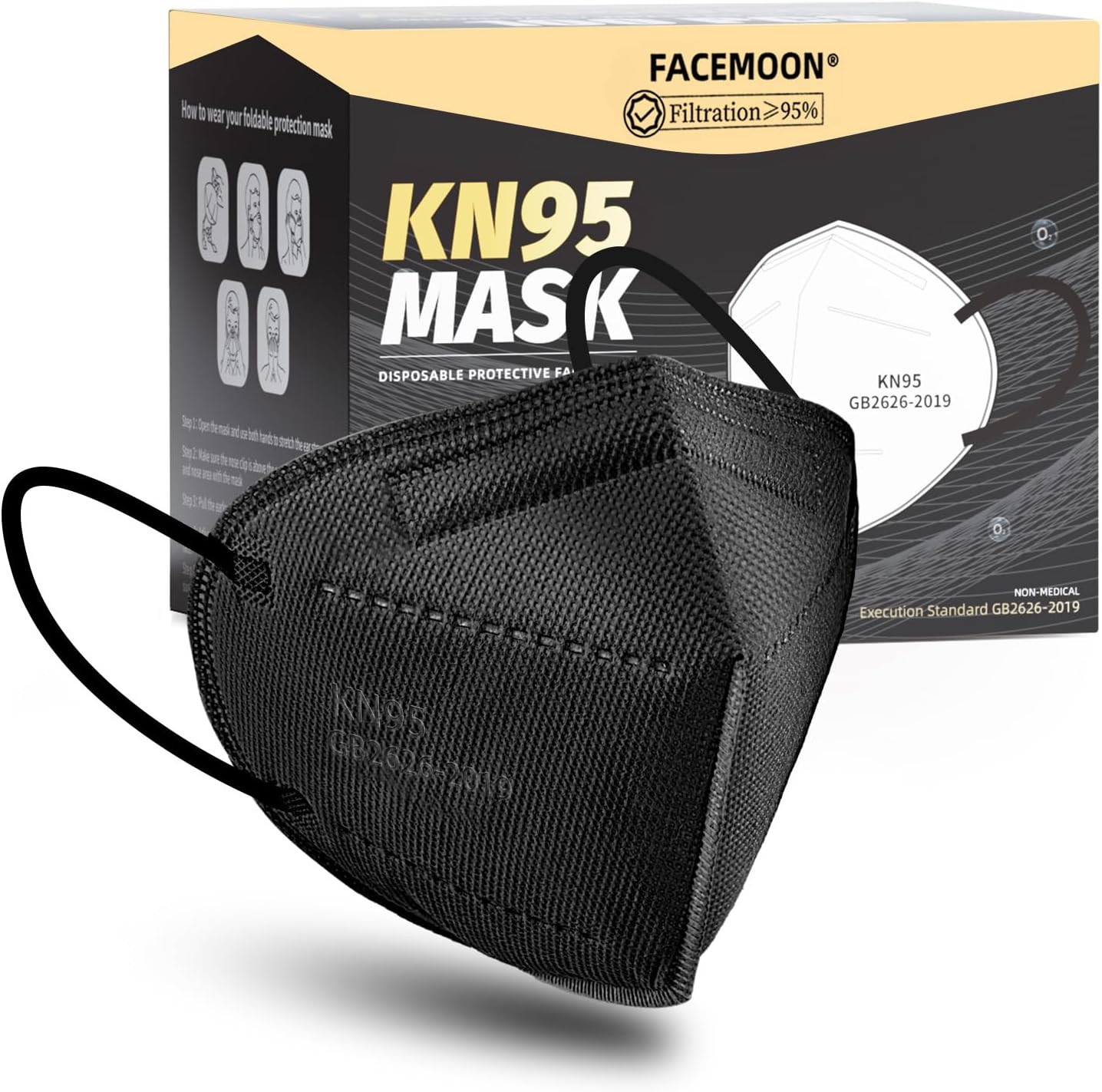 KN95 Face Masks Black Adults – 100 Pack KN95 Disposable Comfortable 5-Layer S…