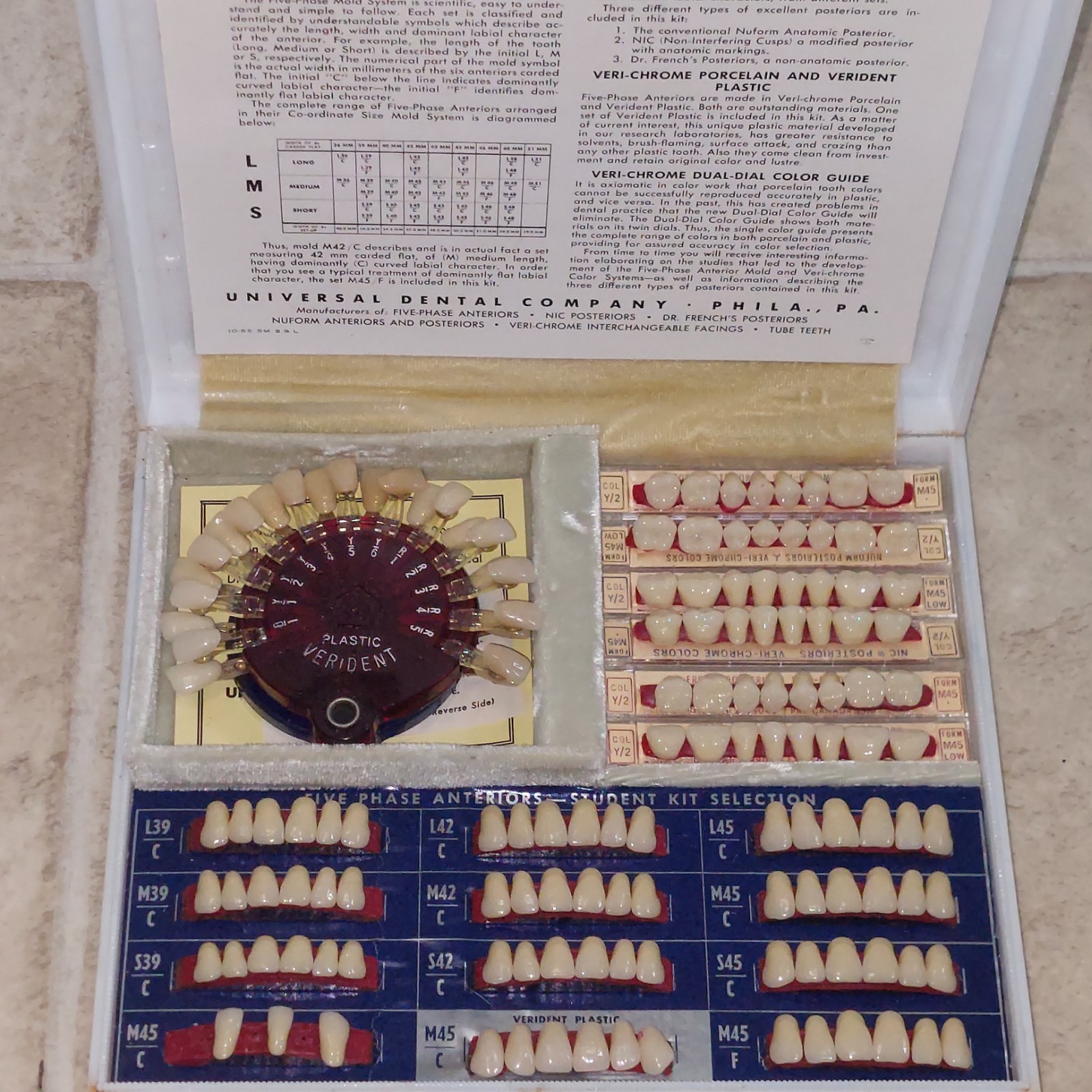 VTG 50s UNIVERSAL DENTAL CO PA EXPERIMENTAL KIT FIVE PHASE ANTERIORS VERI-CHROME