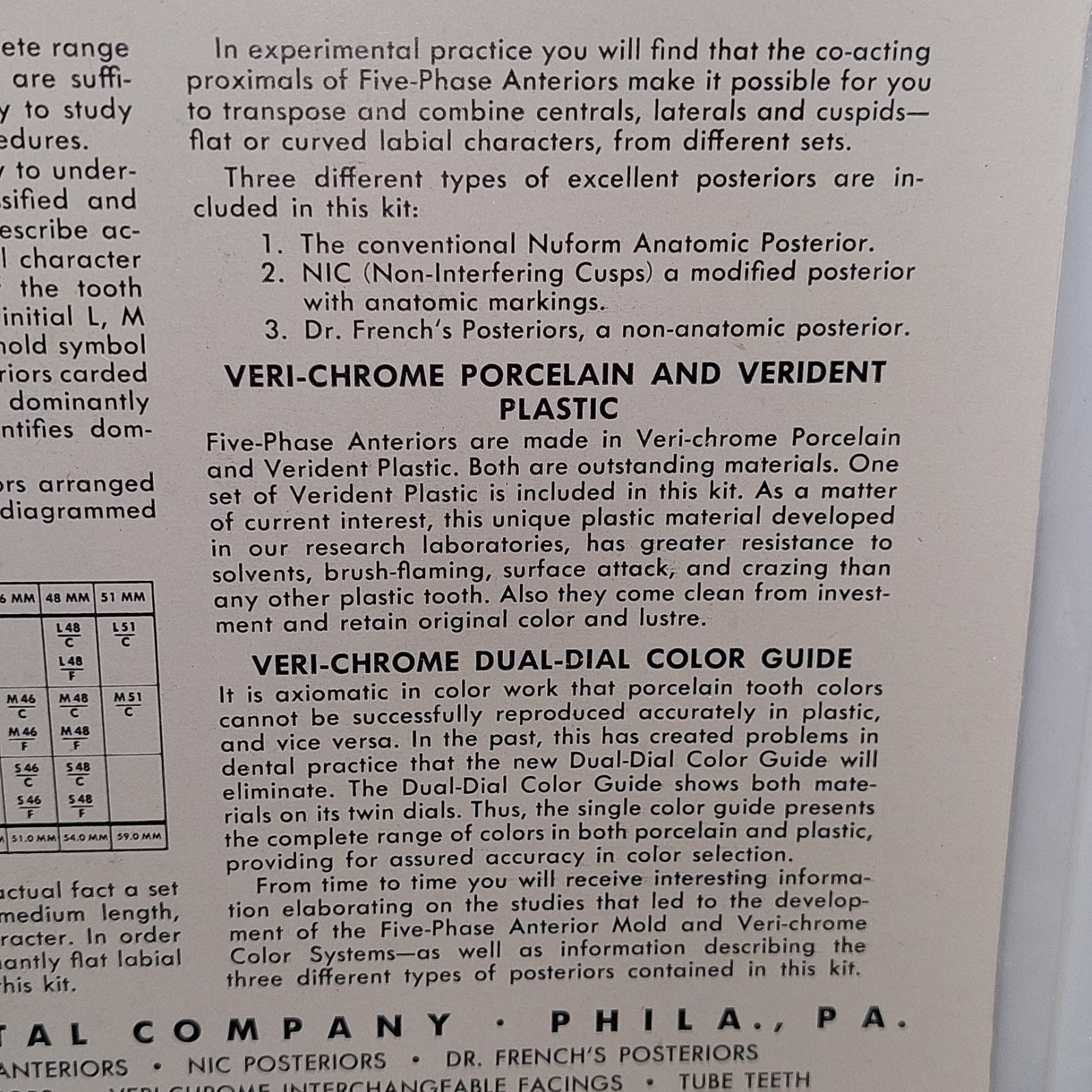 VTG 50s UNIVERSAL DENTAL CO PA EXPERIMENTAL KIT FIVE PHASE ANTERIORS VERI-CHROME