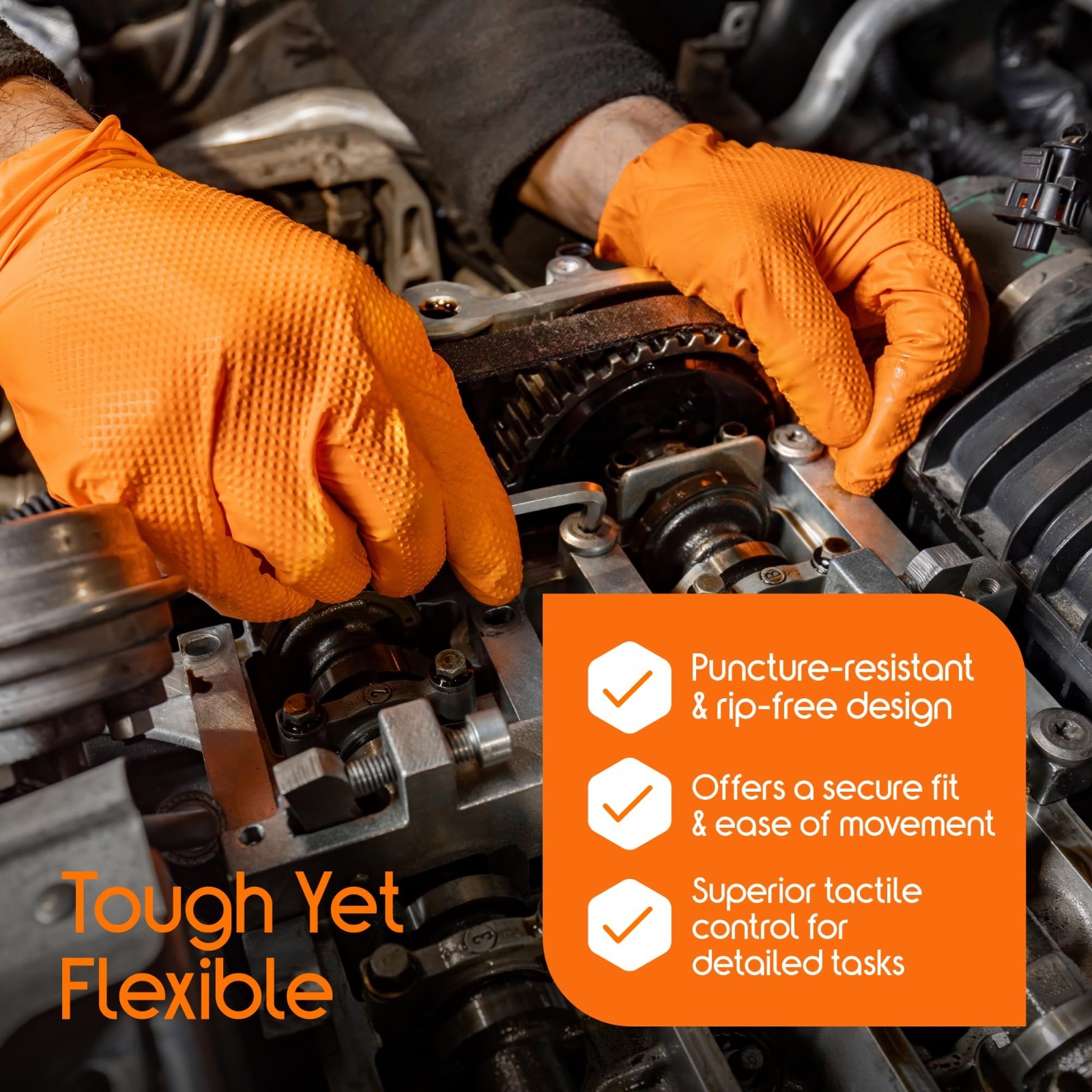 Heavy Duty Orange Nitrile Gloves | 8 Mil Diamond Textured Grip | Industrial Mech
