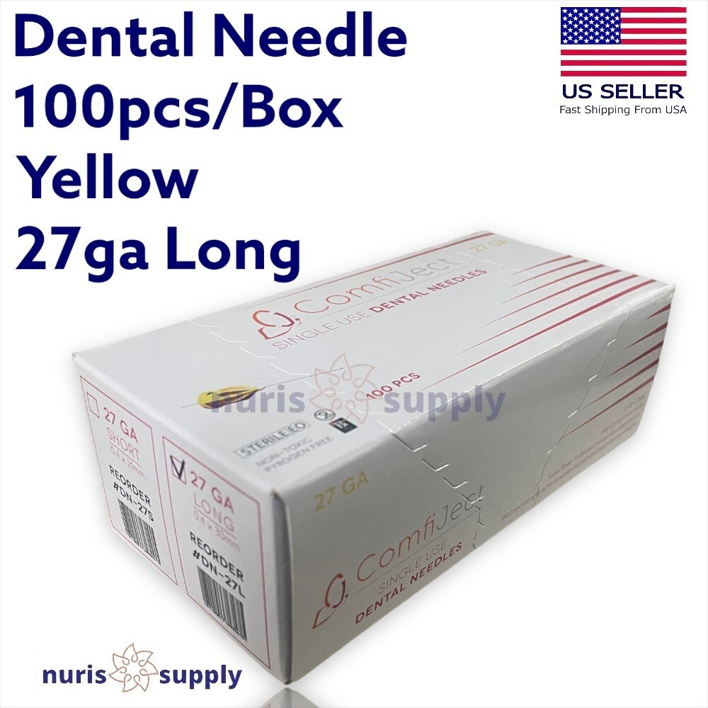 27ga Long Dental Needle Yellow Plastic Hub Disposable 100pcs/Box
