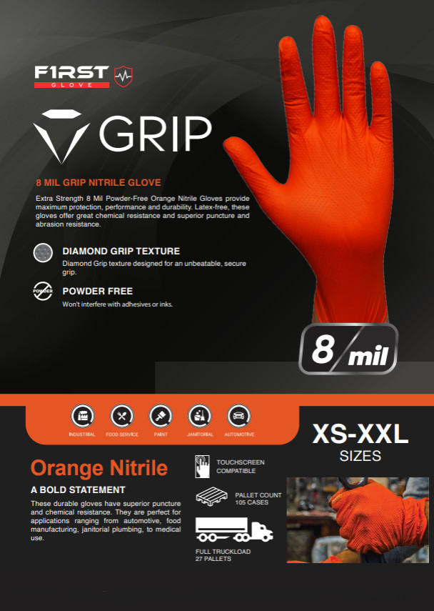 First Glove Grip Orange Nitrile Disposable Gloves 8 Mil Raised Diamond Texture