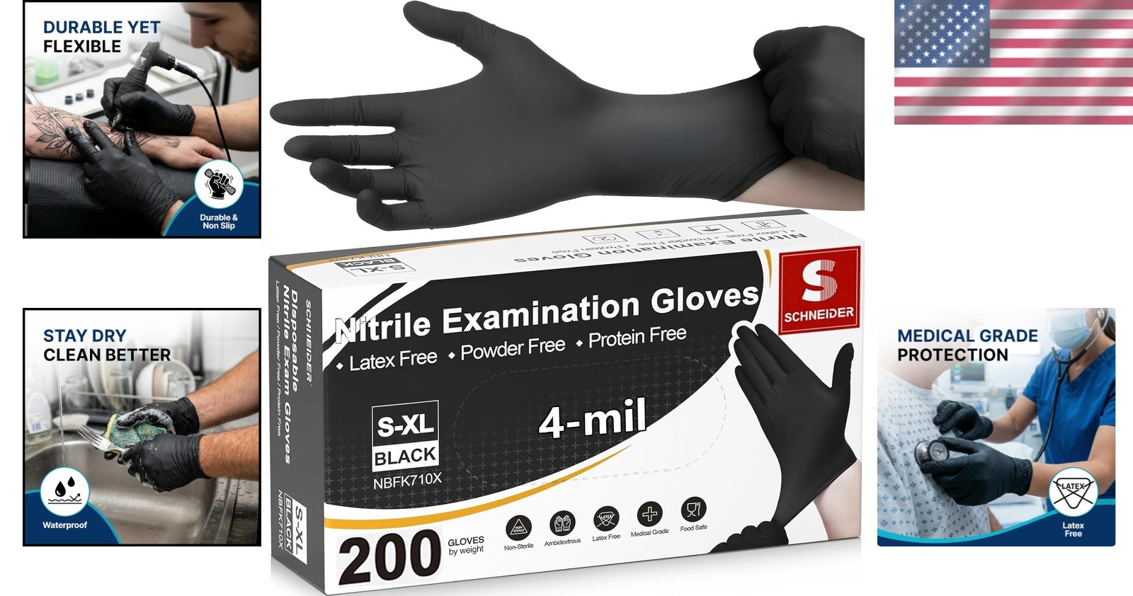 Hypoallergenic Black Nitrile Gloves – 4 Mil Disposable, Waterproof, Large Size