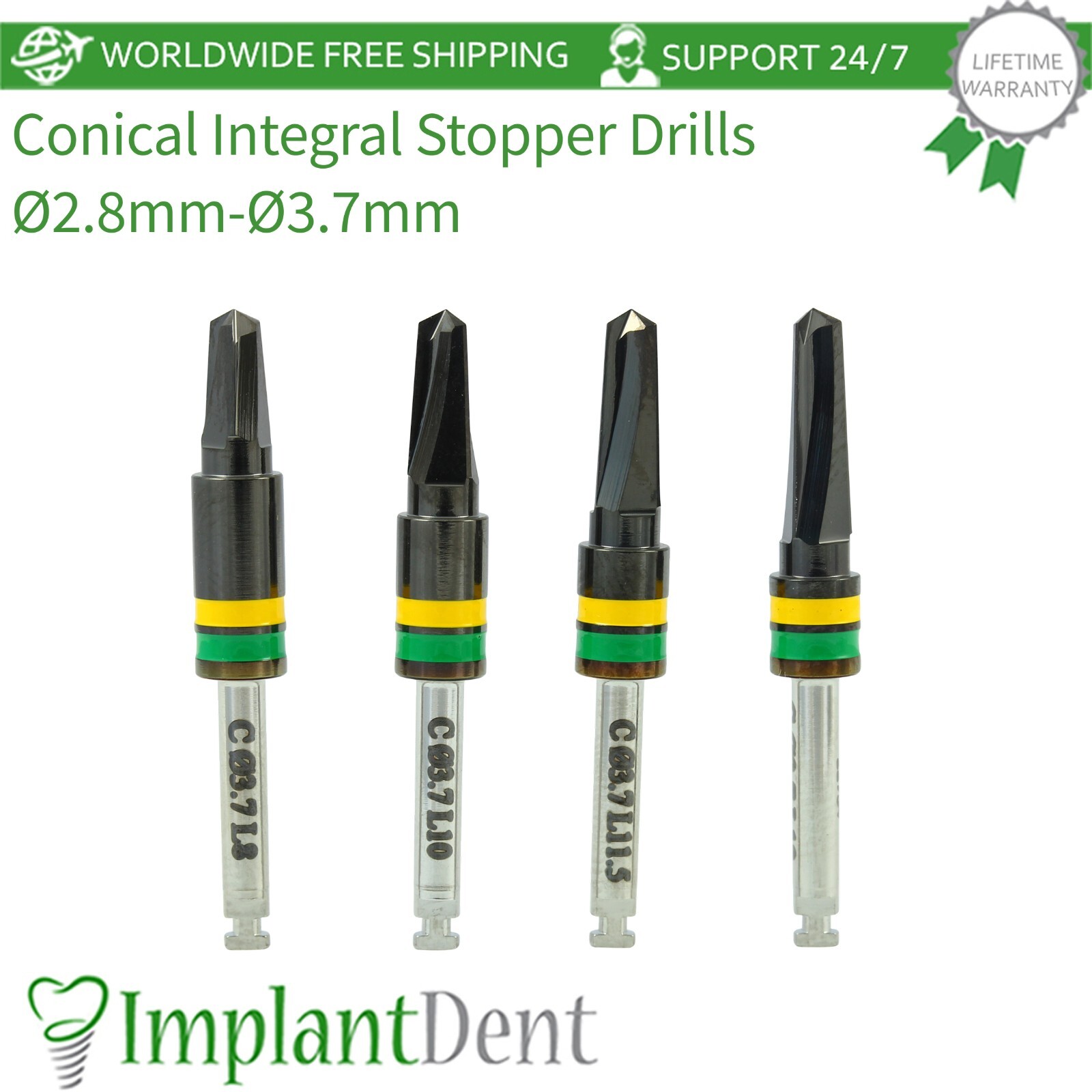 Dental DLC Conical Integral Stopper Drills 2.8mm-3.7mm Stainless Steel Tool