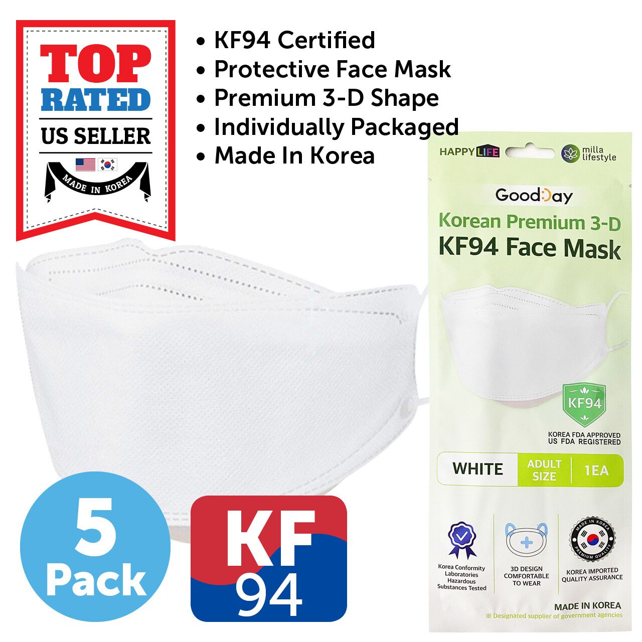 5 PCS KF94 WHITE Protective Safety Face Mask Adult Made in Korea KFDA Approved