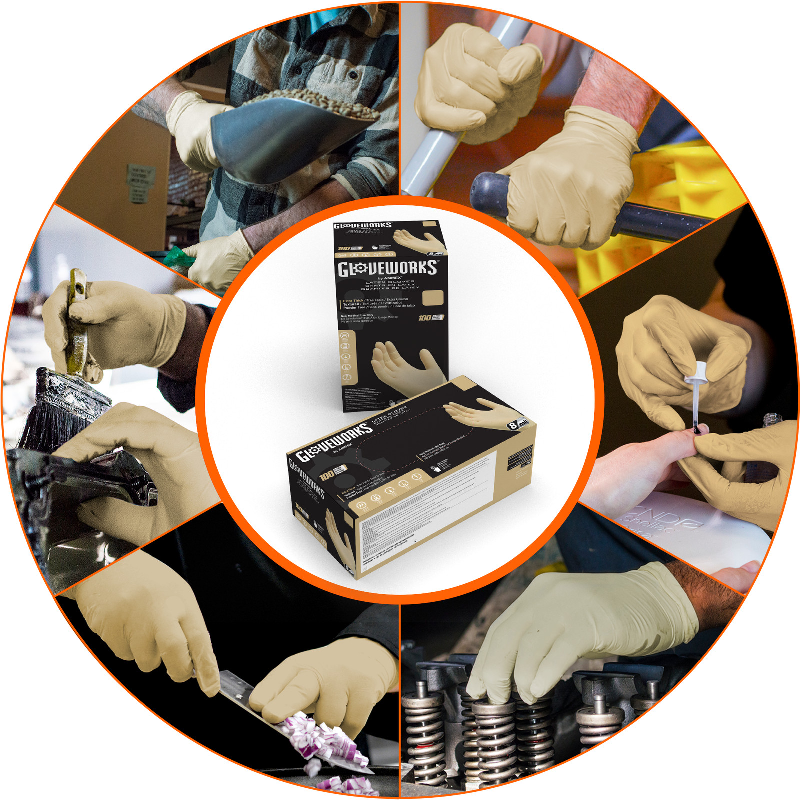 GLOVEWORKS Heavy Duty Ivory Latex Industrial Disposable Gloves 8 Mil, Box of 100