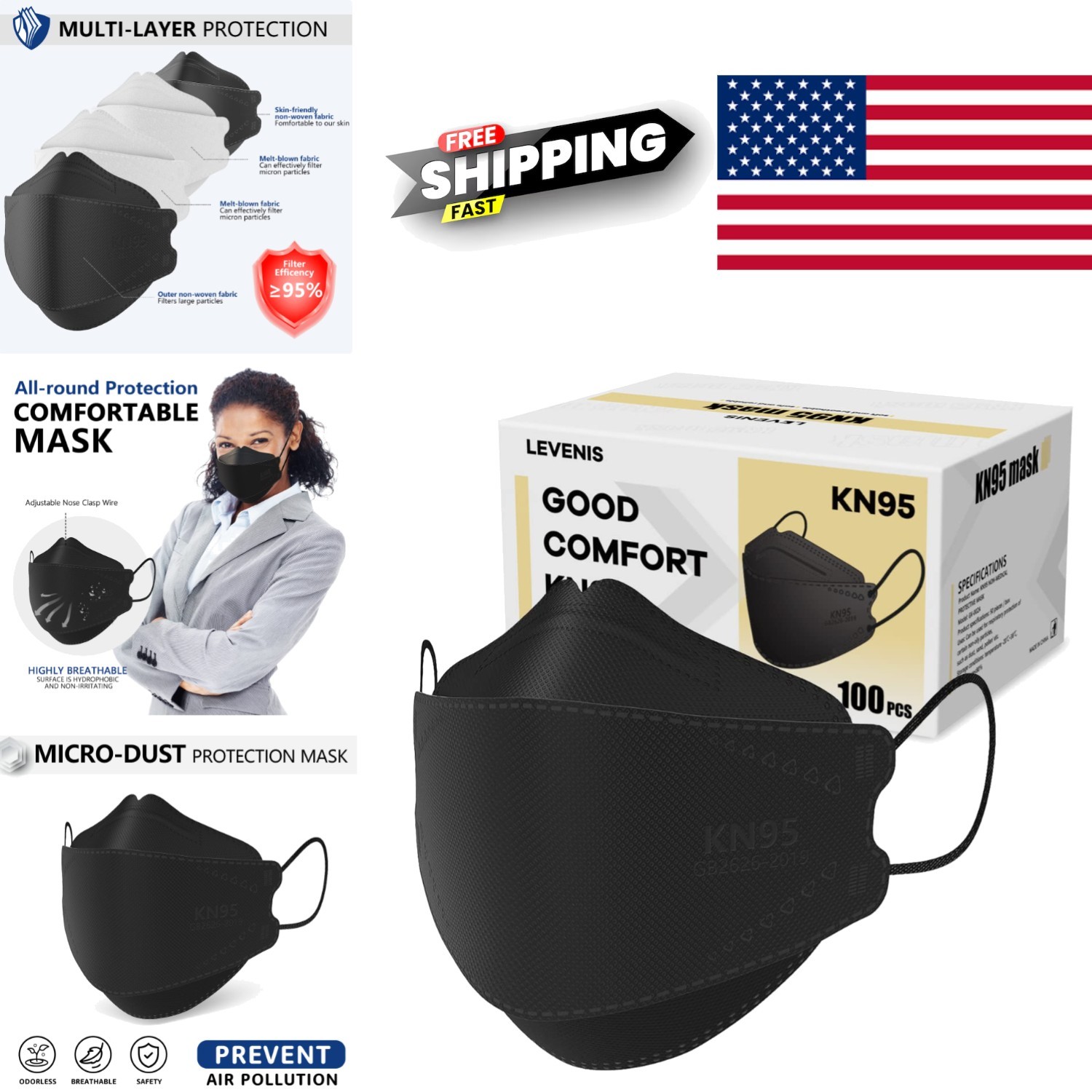Lightweight KN95 Face Masks 100 Pack Skin Friendly Black for Everyday Protection