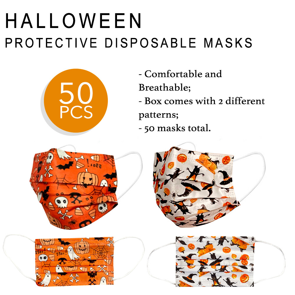 50 PCS Halloween Disposable Face Mask Three Ply Medical Ear-Loop Mouth Cover
