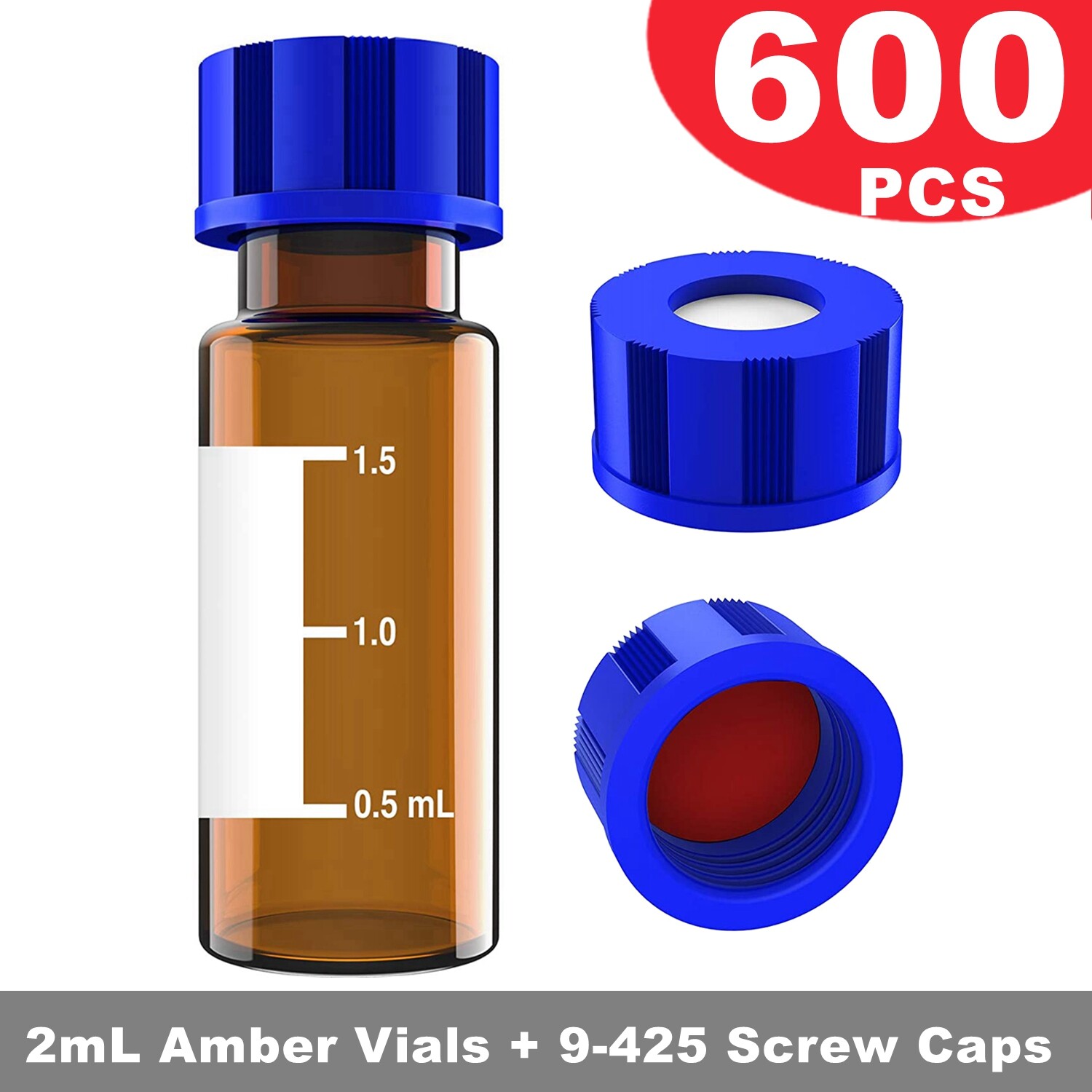 Simpure 600pcs Autosampler HPLC Amber 2mL Vials 9-425 Screw Caps with Write Area