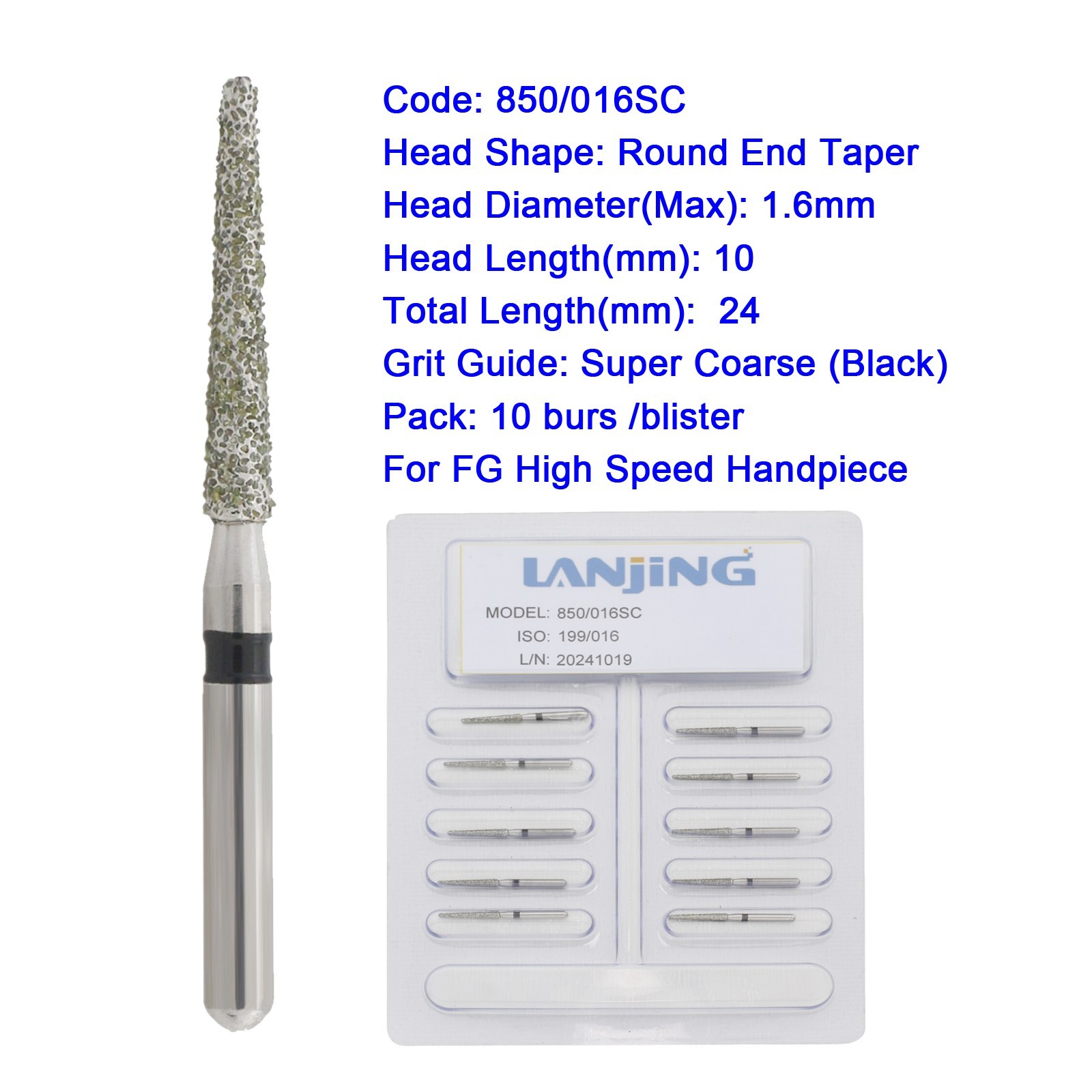 Dental Diamond Burs FG Round End Taper Bur Diamonds Super Coarse Black 850/016SC