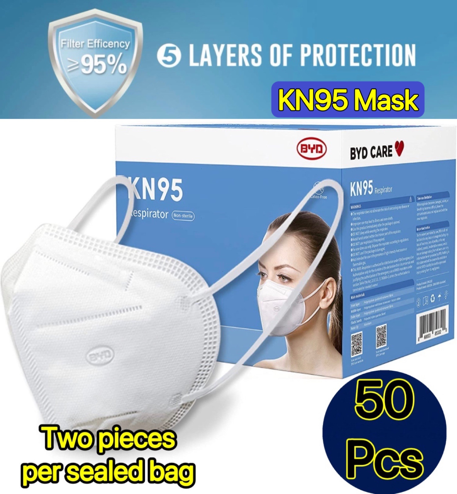 50 Pcs White KN95 Protective 5 Layer Adult Face Mask BFE 95% Disposable Masks