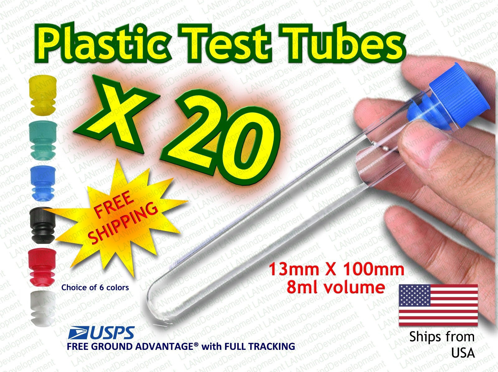 13 x 100 mm – Clear Plastic Test Tubes with Colored Caps – 8ml volume FREE SHIP