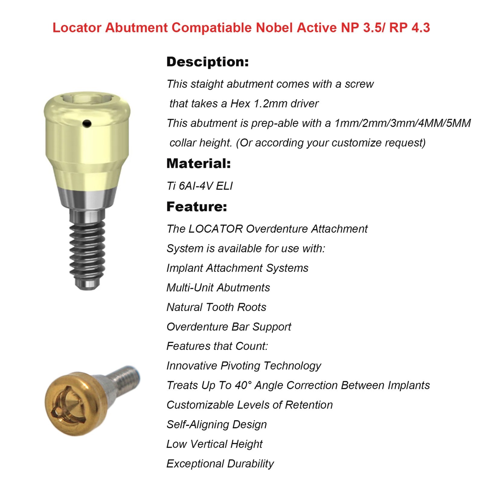 ZEST NOBEL Locator Abutment for Nobel Biocare Active Conical Connection NP & RP