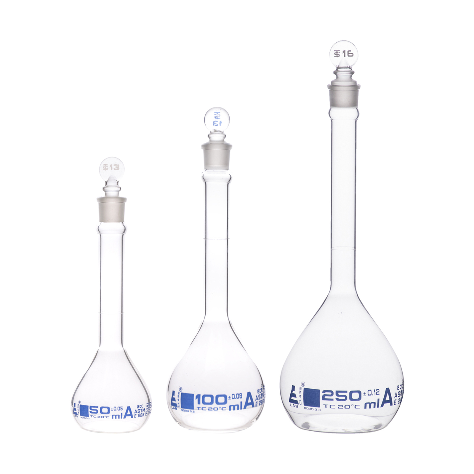 Eisco Labs Volumetric Flask Set – 50, 100, 250ml – Class A, ASTM