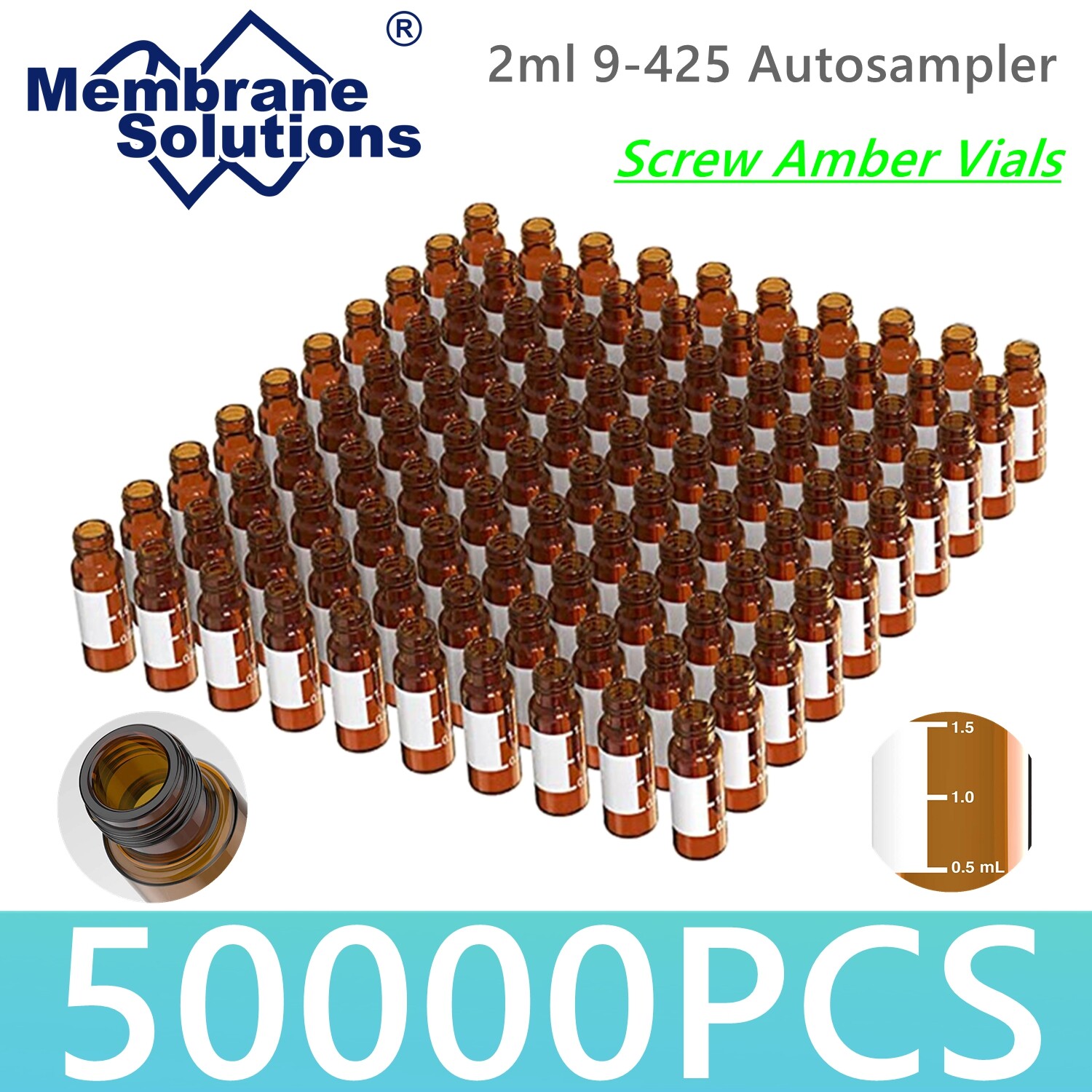 50000x 2ml 9mm HPLC Vials Clear Autosampler Borosilicate Sample Graduation 9-425