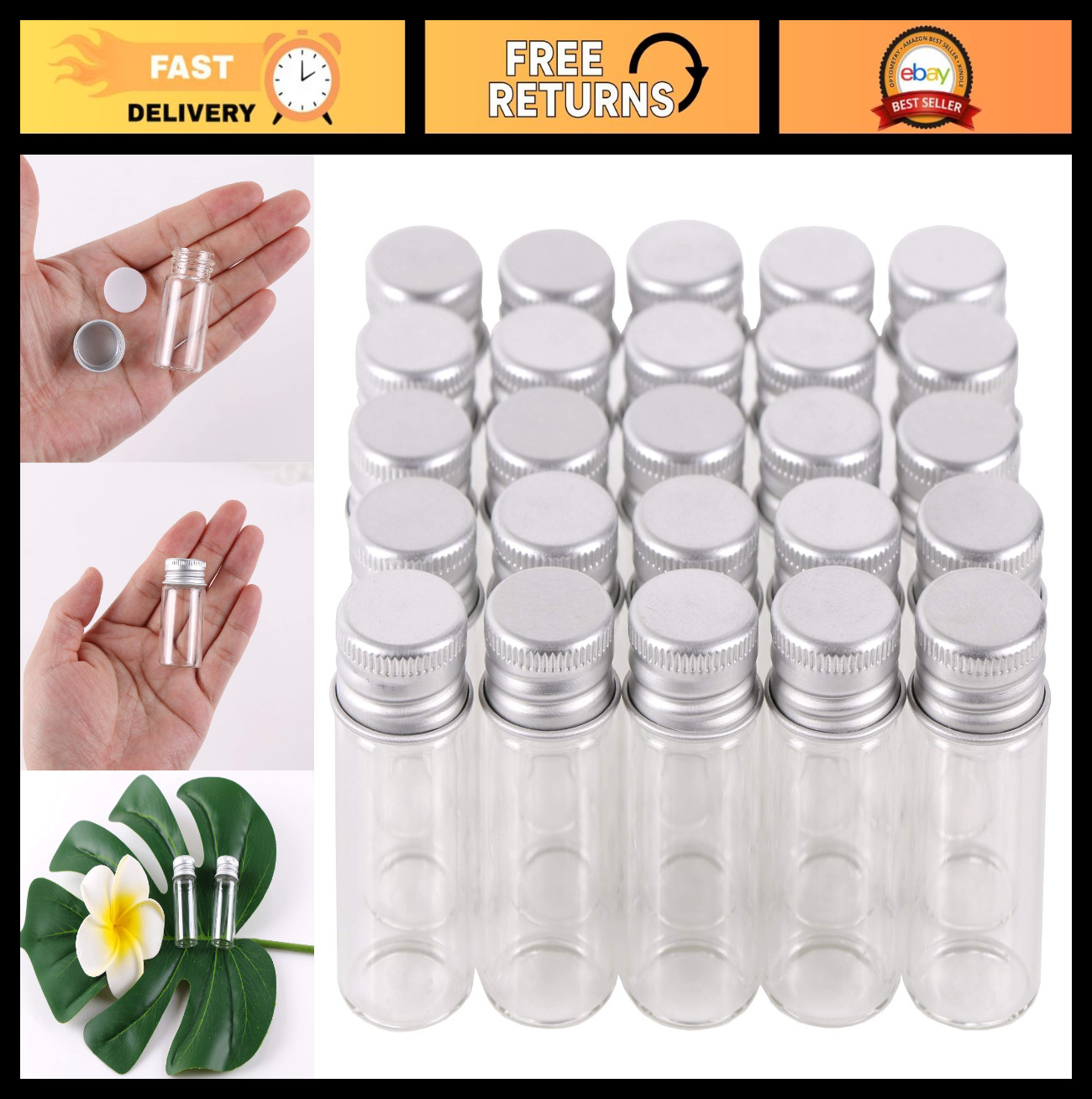 100 Mini Glass Vials 10ml Clear Bottles with Screw Lids for DIY, Wedding Favors,