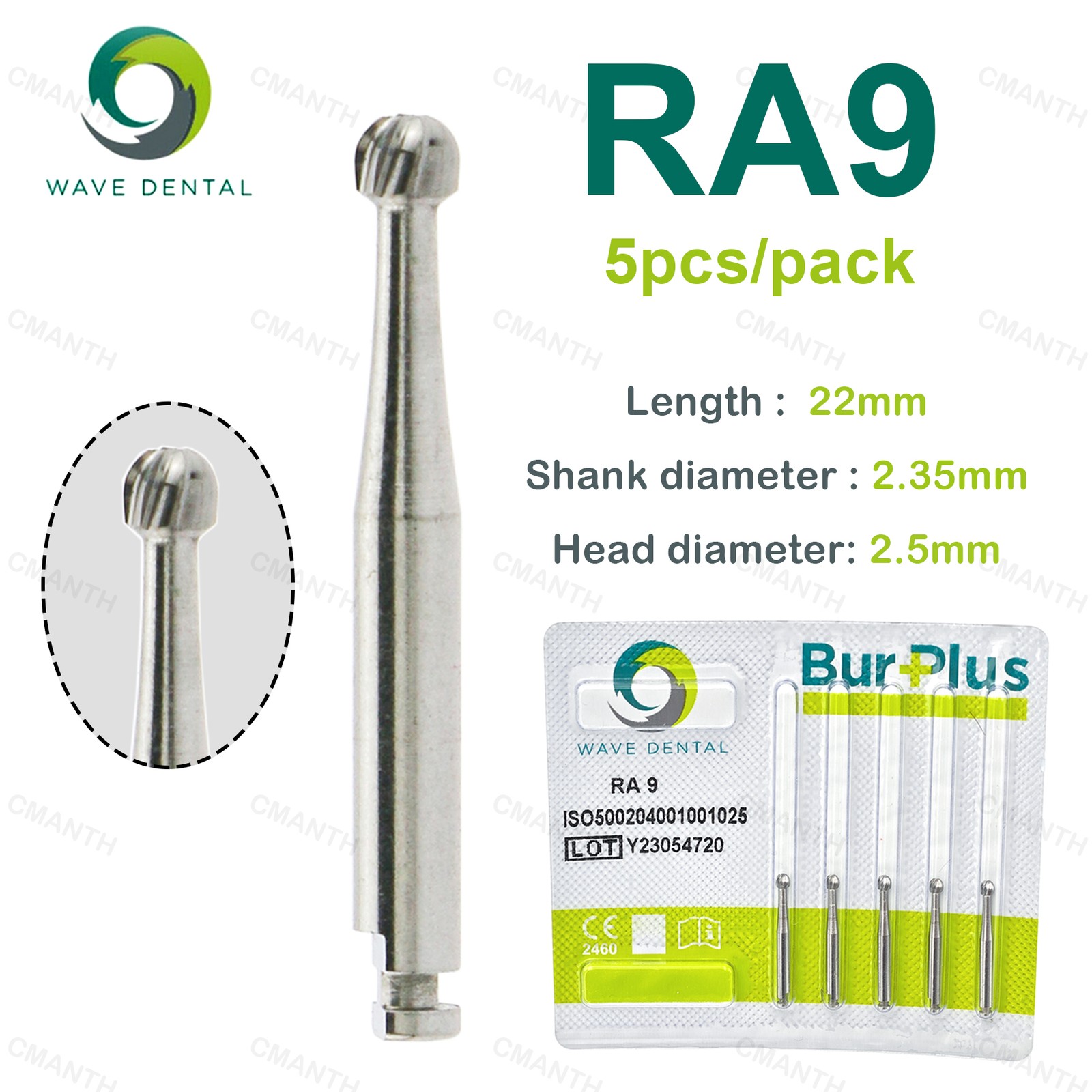 WAVE Dental Tungsten Carbide Burs Round Head RA Low Speed Burs Dia 2.35mm 5Pcs