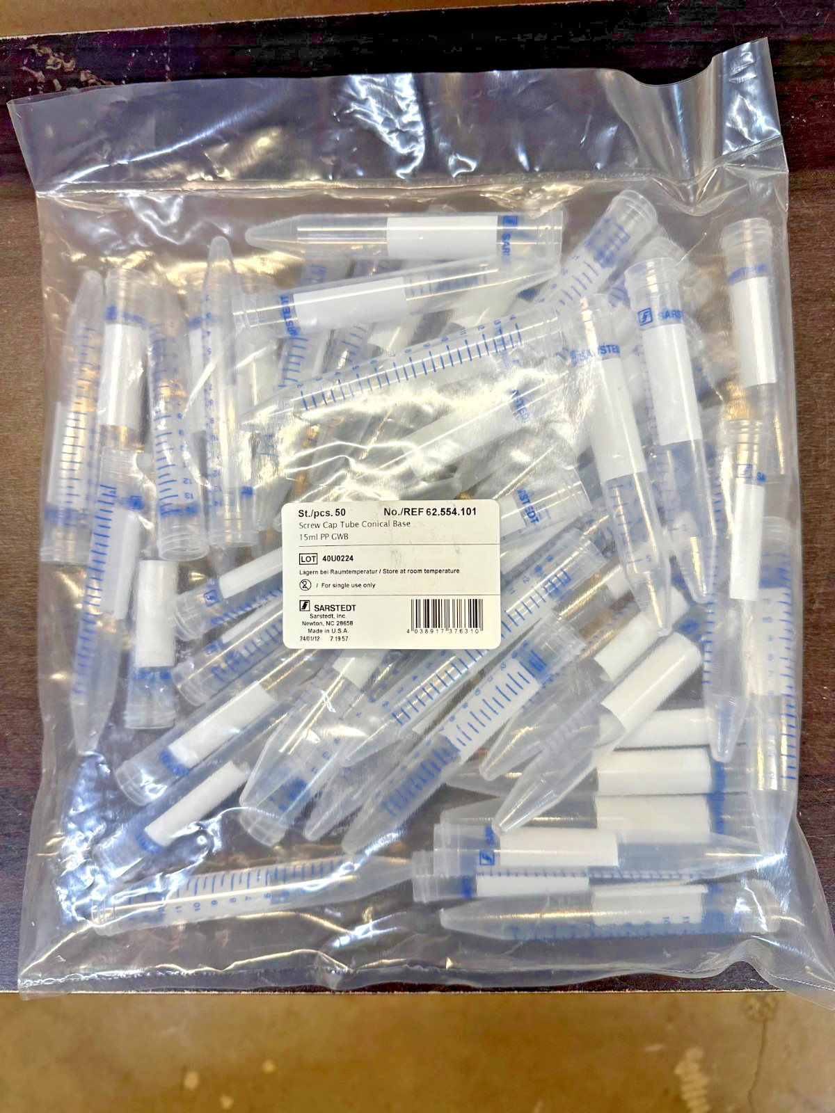 (500/Cs) SARSTEDT 15mL PP Graduated Centrifuge Tubes w/Plug Seal Cap 62.554.101