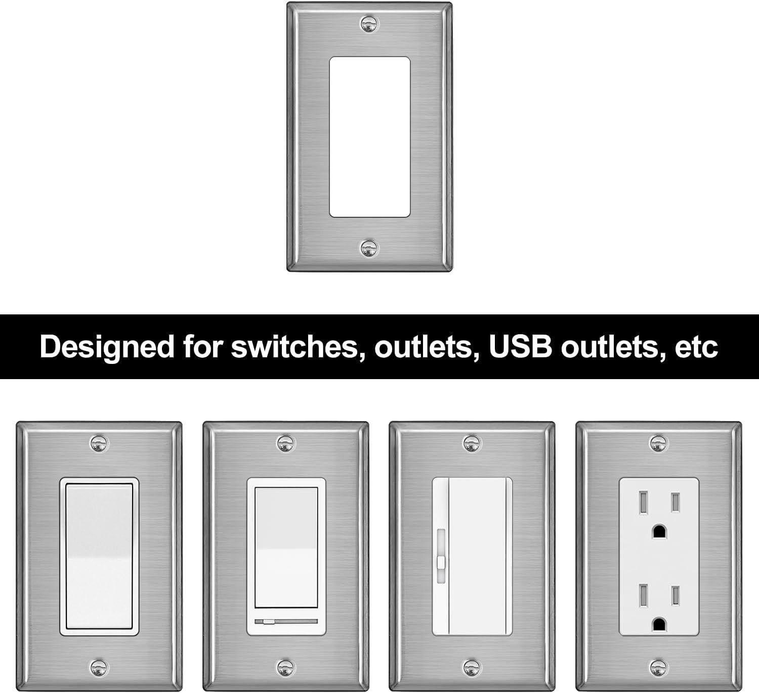 10-Pack Decorator Metal Wall Plate, 1-Gang Brushed Stainless Steel Outlet