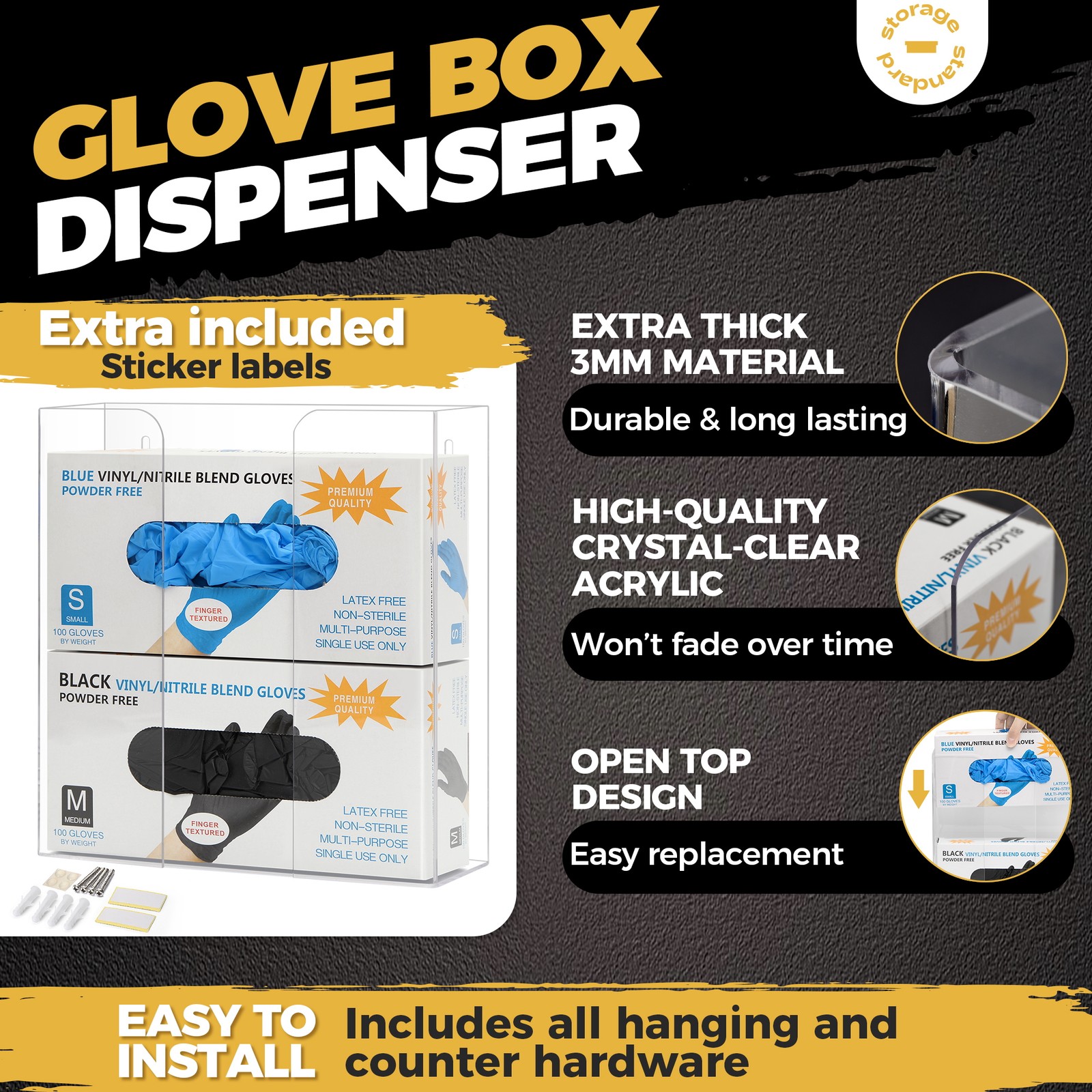 Double Glove Box Holder Dispenser – Wall Mount or Countertop Load Open Top Clear