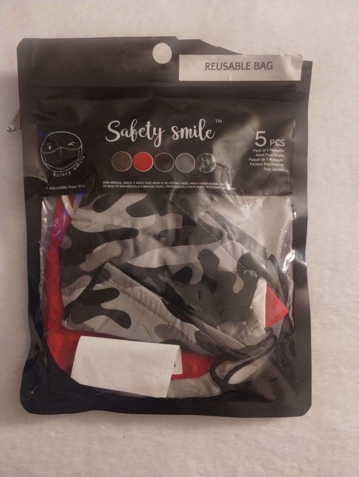 Safety Smile Reusable Face Masks qty#3 Non Medical Grade RED, BLACK & GREY CAMO